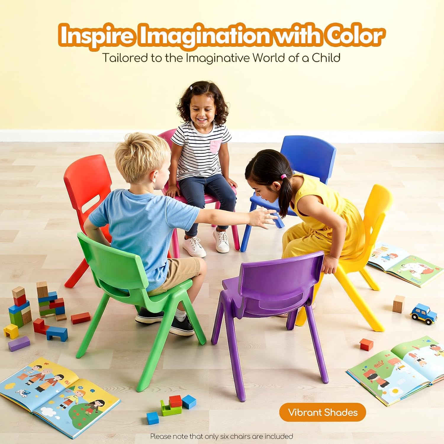 6PCS Colorful Stackable School Chairs, Colorful Kids Plastic Chair with 11'' Seat Height Stack Plastic Classrooms Chair Indoor Outdoor for Home Preschool Daycare Center (14.17 x 12.6 x 21.65in)