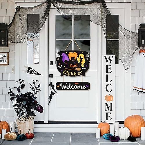 Miniatura 3 de Letrero colgante de Halloween con texto en inglés "I Smell Children para puerta delantera, ganchos de puerta de madera de bienvenida, corona para