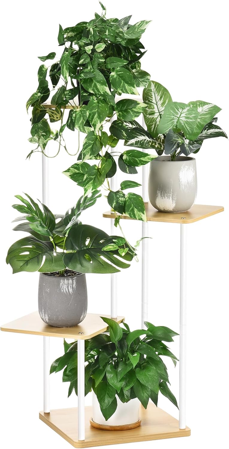 4 tier plant stand indoor outdoor, wood metal corner shelf, multiple flower pot rack holder shelves, planter shelf display storage organizer for patio living room balcony (white) 4 tier-