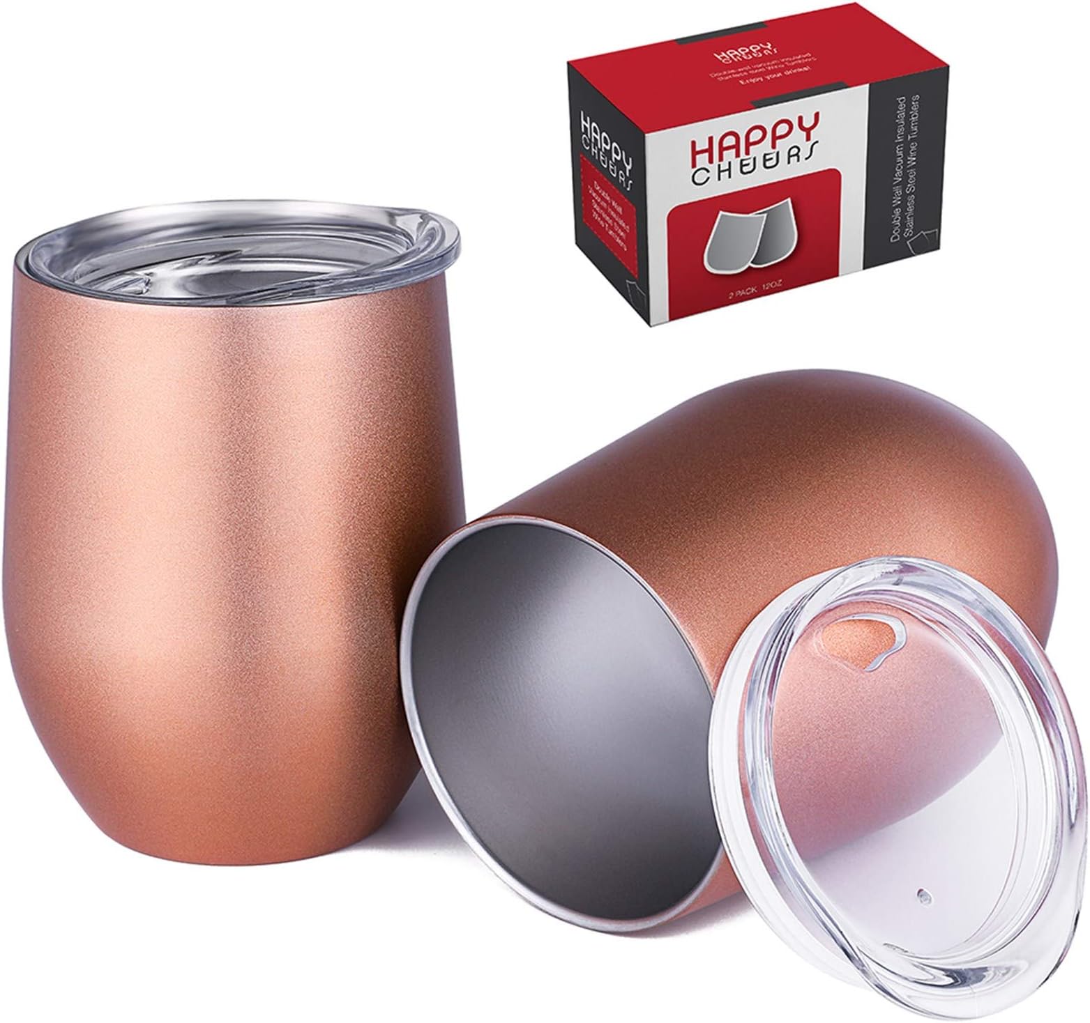 Happycheers Insulated Wine Tumbler Cup with Lid and Straw, Stainless Steel 12 Oz Tumblers Set, Portable Metal Wine Mug of 2 Pack for Coffee Drink Cocktail Outdoor Travel, with Box, Rose Gold