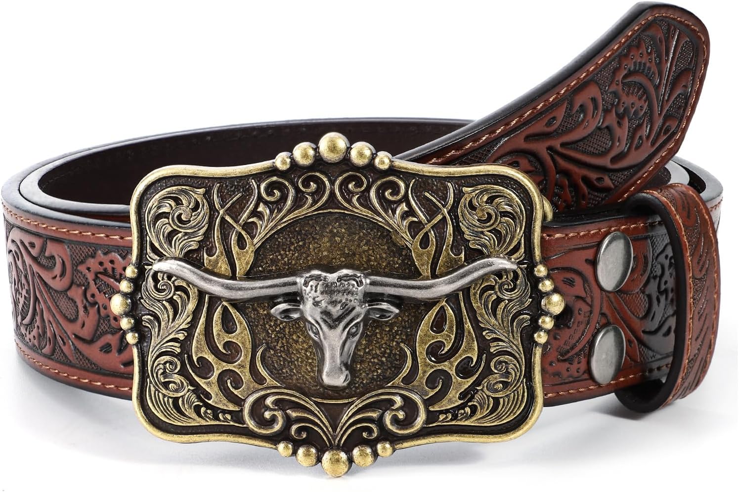Cowboy Cowgirl Belt Western Belts for Men Women Floral Engraved Longhorn Bull Buckle Belt for Jeans - Image 7