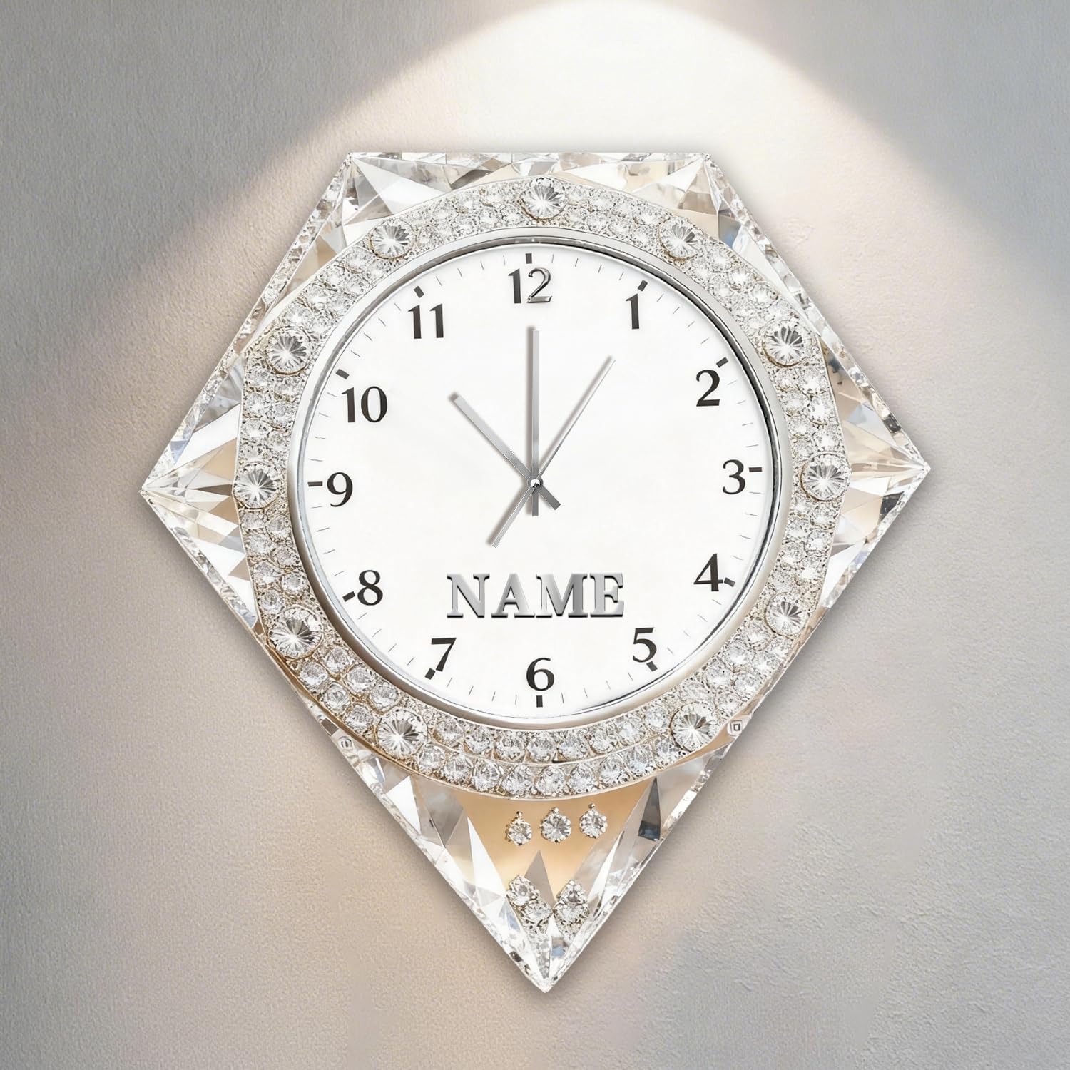 Pmcbneu Personalized 2D Flat Diamond Shape Wall Clock with Name Custom Diamond Hanging Clock Wedding Decor Wall Sign for Bedroom Bathroom Dining Room Christmas Birthday,02