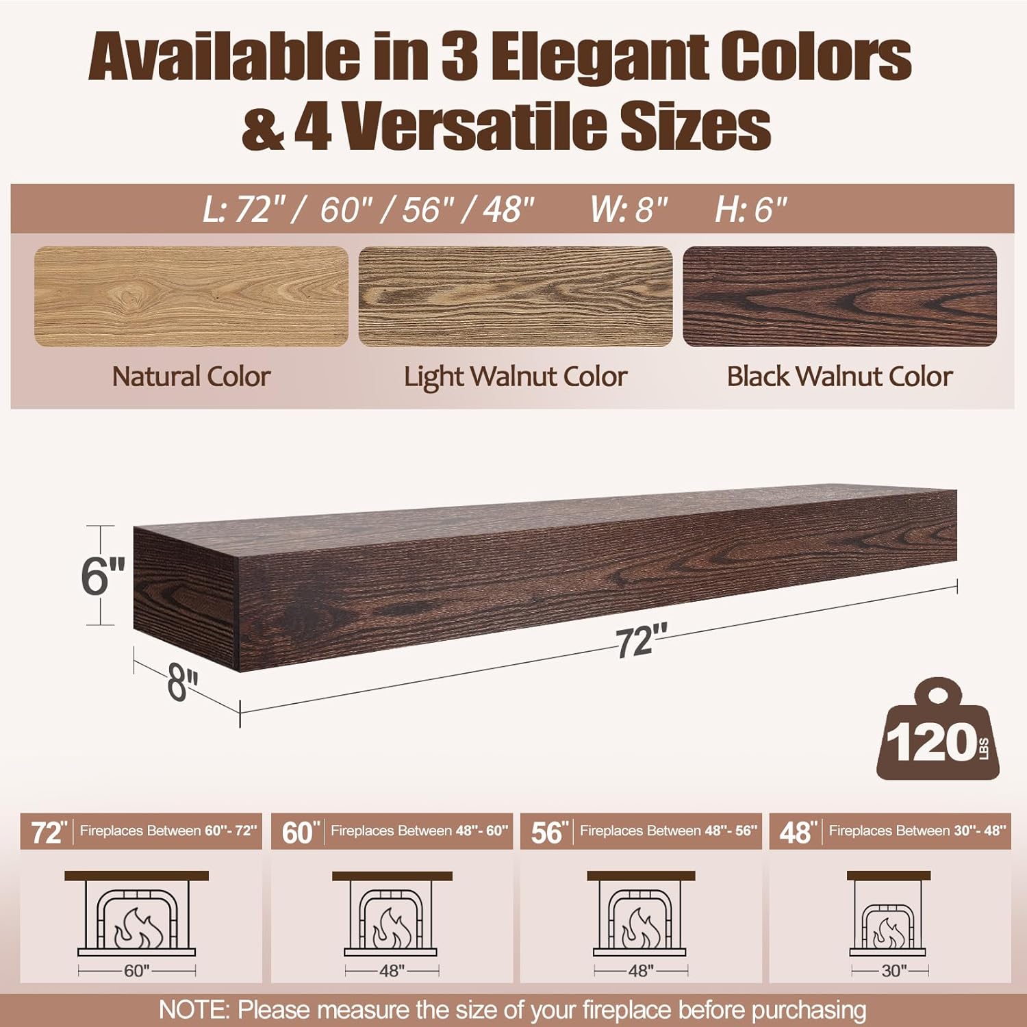 Fireplace Mantel 72 inch - Rustic Elm Wood Mantel, Wall-Mounted Mantel Shelves, Decorative Mantels, Rustic Floating Mantels Shelves, Black Walnut Color
