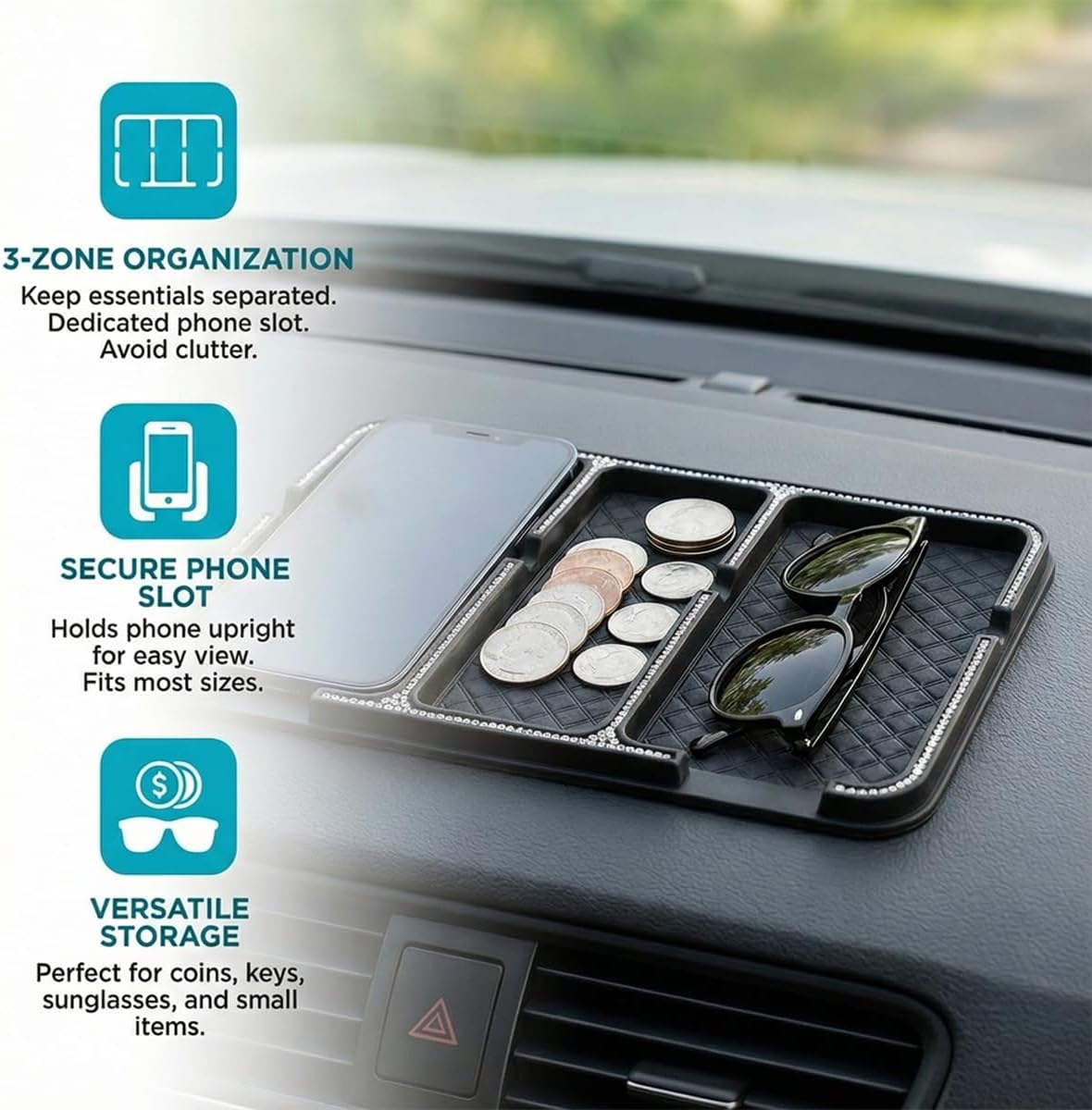 Bling Car Dashboard Mat, Sparkling Rhinestone PVC Car Dashboard Anti-Slip Tray, Multifunctional Auto Interior Gripping Pad Organization Accessories for Phones, Keys, Sunglasses (Diamand) image 3