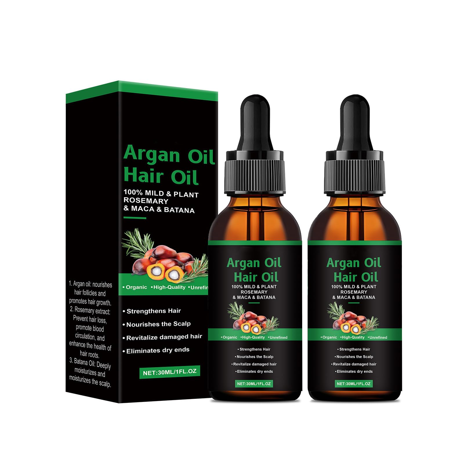 100% Pure & Natural Argan Hair Oil, Batana Oil for Hair Growth with Rosemary Batana Oil Maca, Eliminate Hair Split Ends, Enhances Hair Radiance Nourishment, All Hair Types, 1 fl oz (2 Pcs)