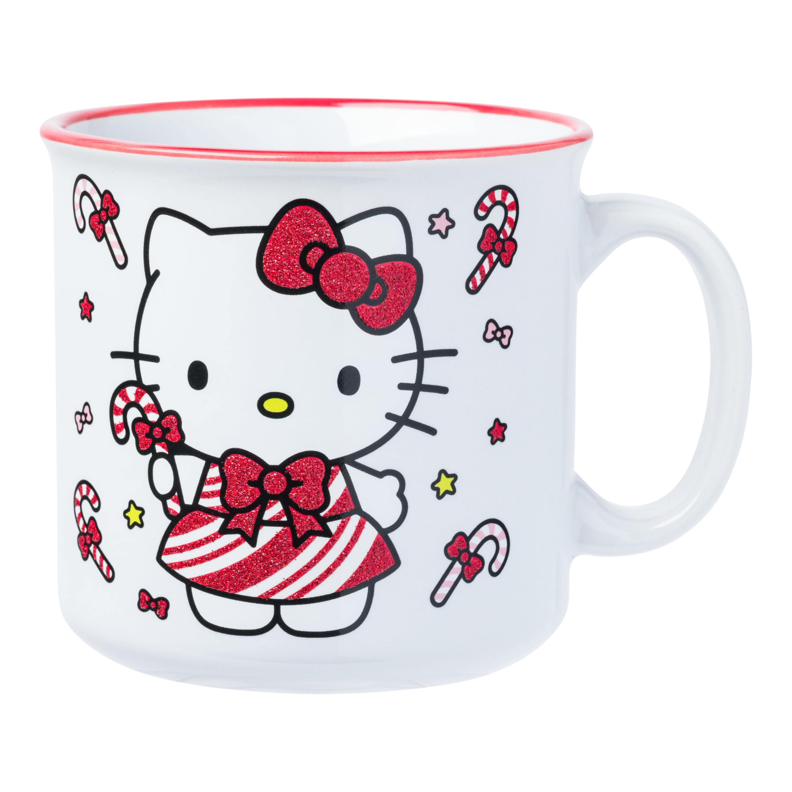 Silver Buffalo Sanrio Hello Kitty Christmas Candy Canes Glitter Ceramic Camper Mug, 20 Ounces
