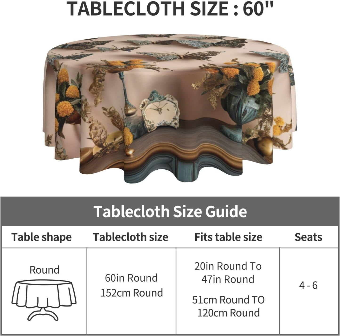 Butterfly Decor 02 Print Wrinkle Free Dining Table Cover for Birthday Party Farmhouse Tablecloths Up to 60 x 60 Inches