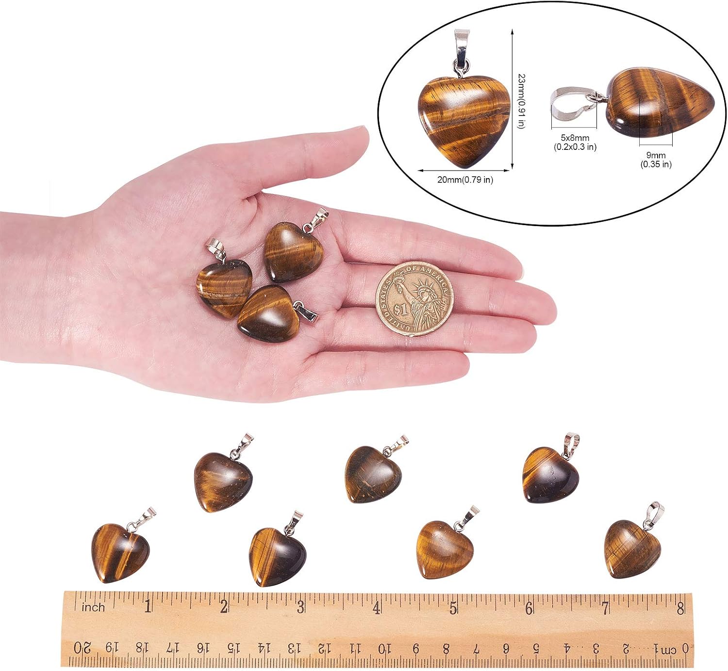LiQunSweet 10 Pcs Natural Tiger Eye Crystal Genuine Gems Stone Pendants Heart Shape Charms for Women Adult Girl Jewelery Making DIY Necklace Crafting - 23x20x9mm