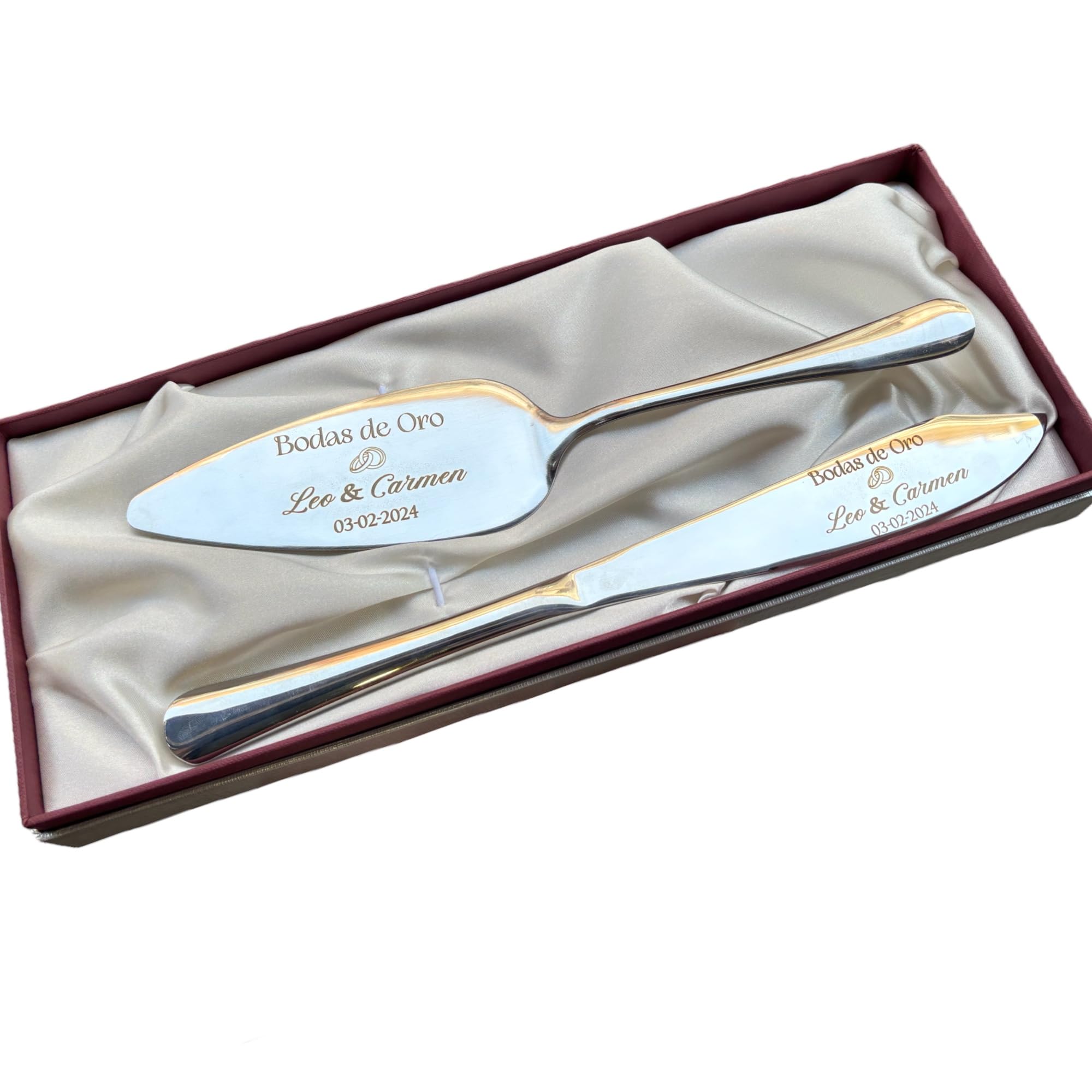 Curia Grabador - Set de Pala y Cuchillo Personalizado para Tarta - Corta tartas con Nombre y Fecha - Juego servidor para pastel de Bodas y Comuniones