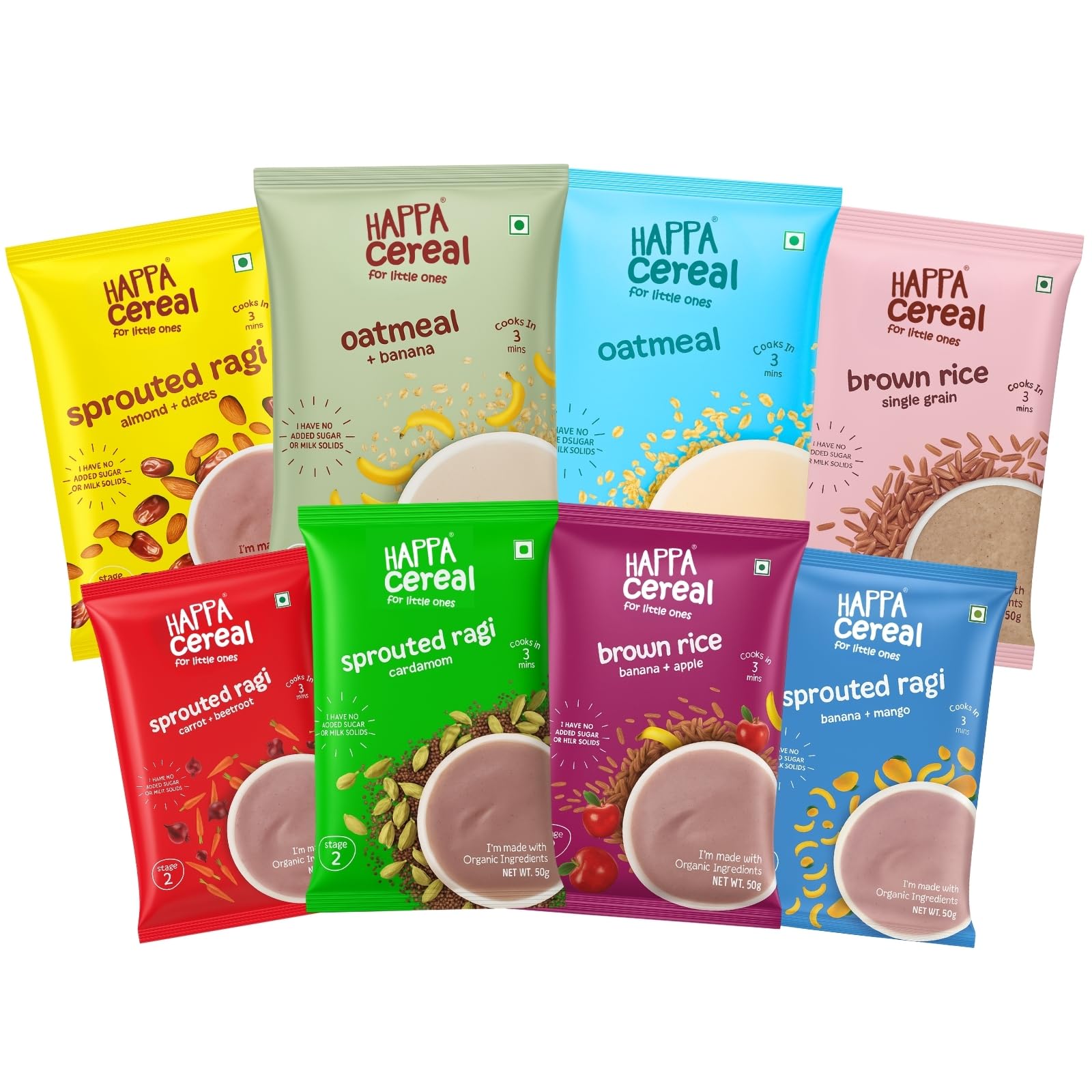 Happa Organic All In One Porridge Trial Mix | Calcium Booster, Vitamin Powerhouse | 100% Natural Organic Khichdi | No Added Salt, Sugar or Milk | No preservatives Happa Promise | Pack of 8 (50gm x 8)-image-1