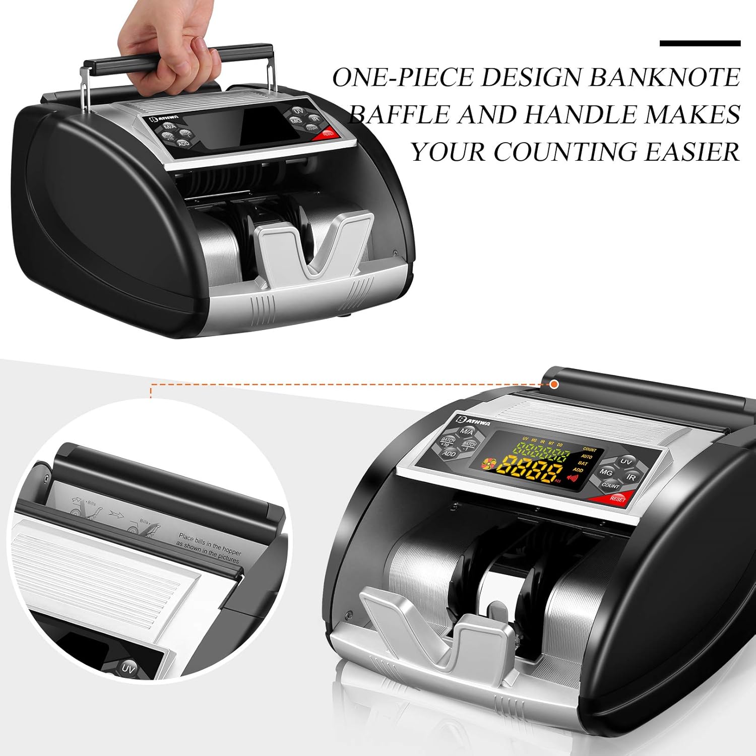 NX-510 Business Grade Money Counter Machine with Counterfeit Bill Detector(UV/MG/IR), Portable Bill Counting Machine with LED External Display, Hidden Handle, 6 Modes, Fast Count : Office Products