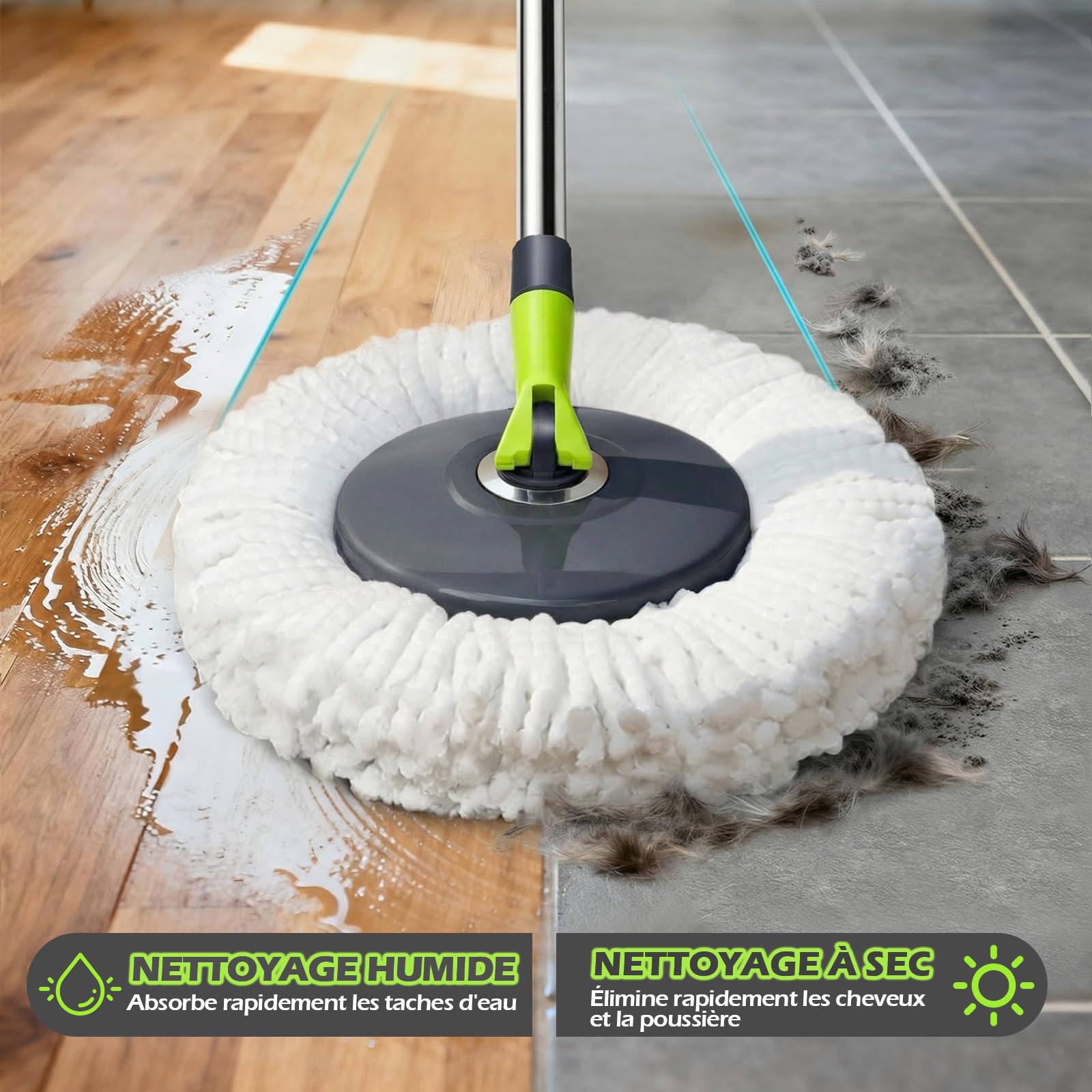 Masthome Serpillière Seau Essoreur,Balai Serpillère Rotative 360° en Microfibre Balais Nettoyer Sol Réglable avec Essoreur Rotatif et 3 Tetes Serpillere,Vert