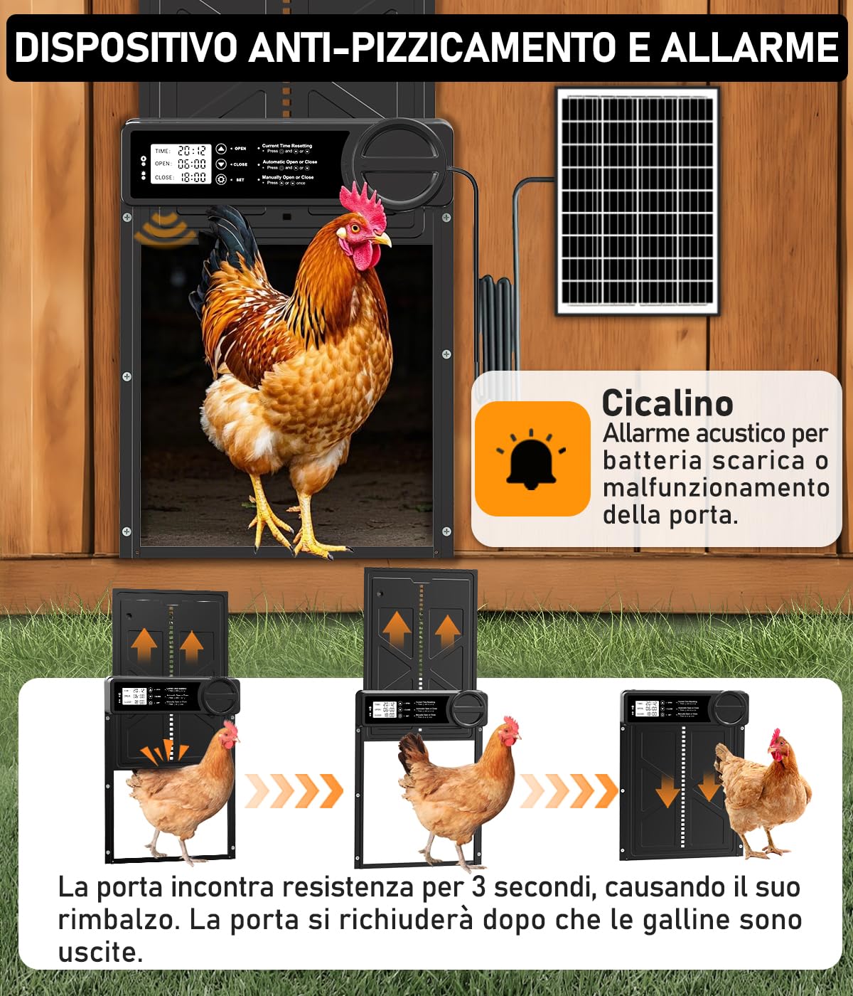 Porta Automatica Pollaio Solare con Funzione Manuale e Timer, Porta Pollaio Automatica Solare Anti-schiacciamento | Lega di Alluminio | Telecomando | Grande Pannello Solare | Batteria ad Alta Capacità