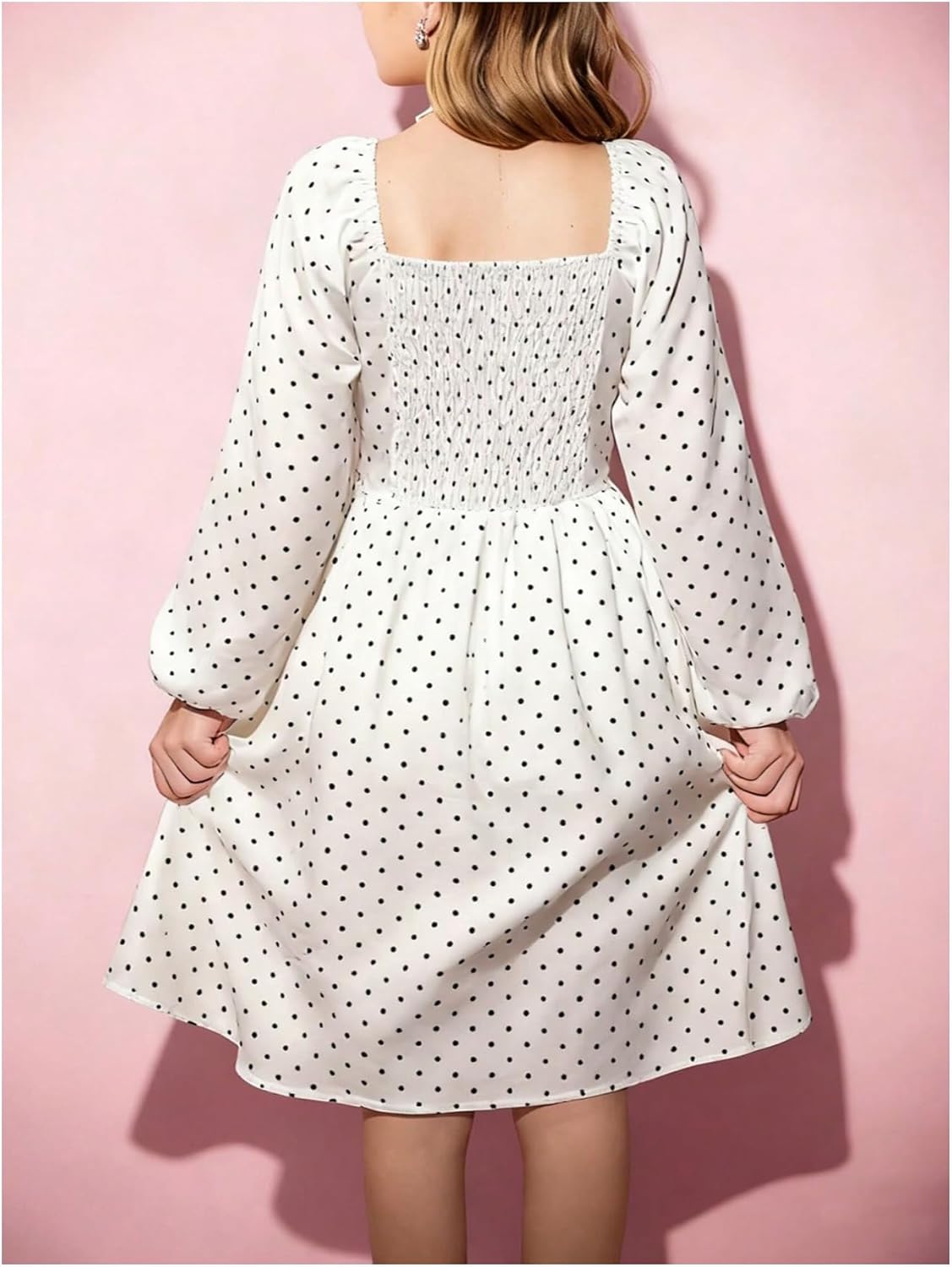 SweatyRocks Girl's Polka Dots A Line Dresses Long Sleeve Square Neck Shirred Flowy Short Dress - Image 2