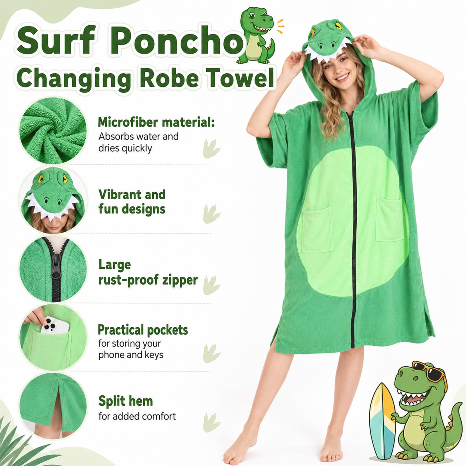 Emwwat Surf-Poncho mit Reißverschluss, übergroß, mit Kapuze, Strandtuch, schnell trocknend, Mikrofaser-Handtuch, Poncho für Strand, Surfen, Schwimmen (grüner Dinosaurier)