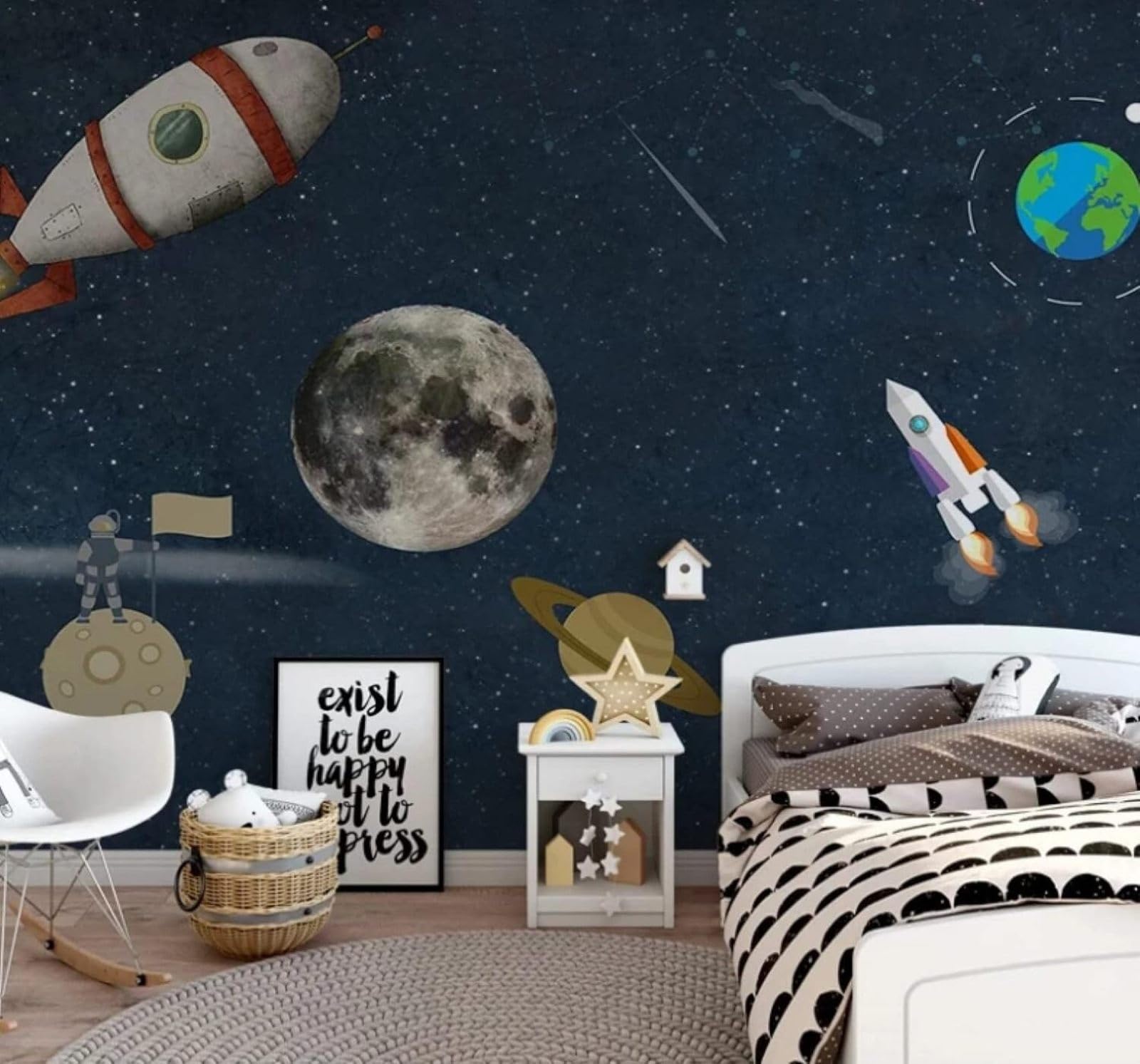 Cartoon Space Universe Planets Rockets 3D Wallpaper Easy Install Feature Office Living Room Sofa Bedroom TV Background Wall Decoration-400cm×280cm