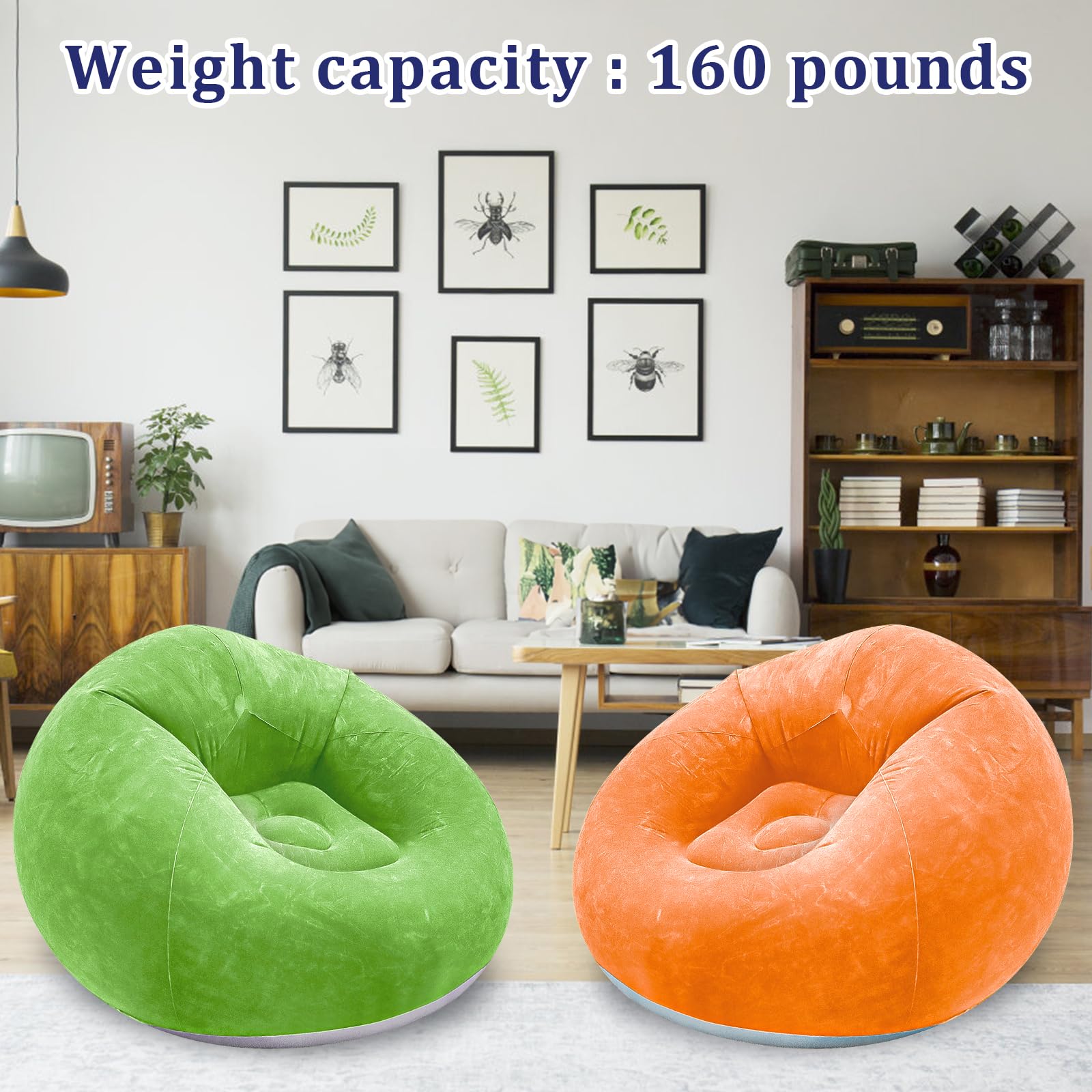 MALLOOM 2 Chaises Poufs Gonflables pour Adultes – Canapé Paresseux Gonflable avec Pompe Électrique – Canapé Portable Pliable pour Salon, Chambre, Extérieur, Camping 120 cm (Vert, Orange)