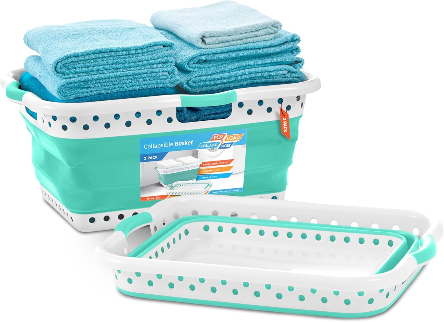 Pop & Load Collapse & Store Set of 2 Large 25″ Slim Collapsible Laundry Basket, Space Saving Portable Pop Up Storage & Organization Basket,3″ High When Folded, Dual Comfort Grip Handles, Teal/White