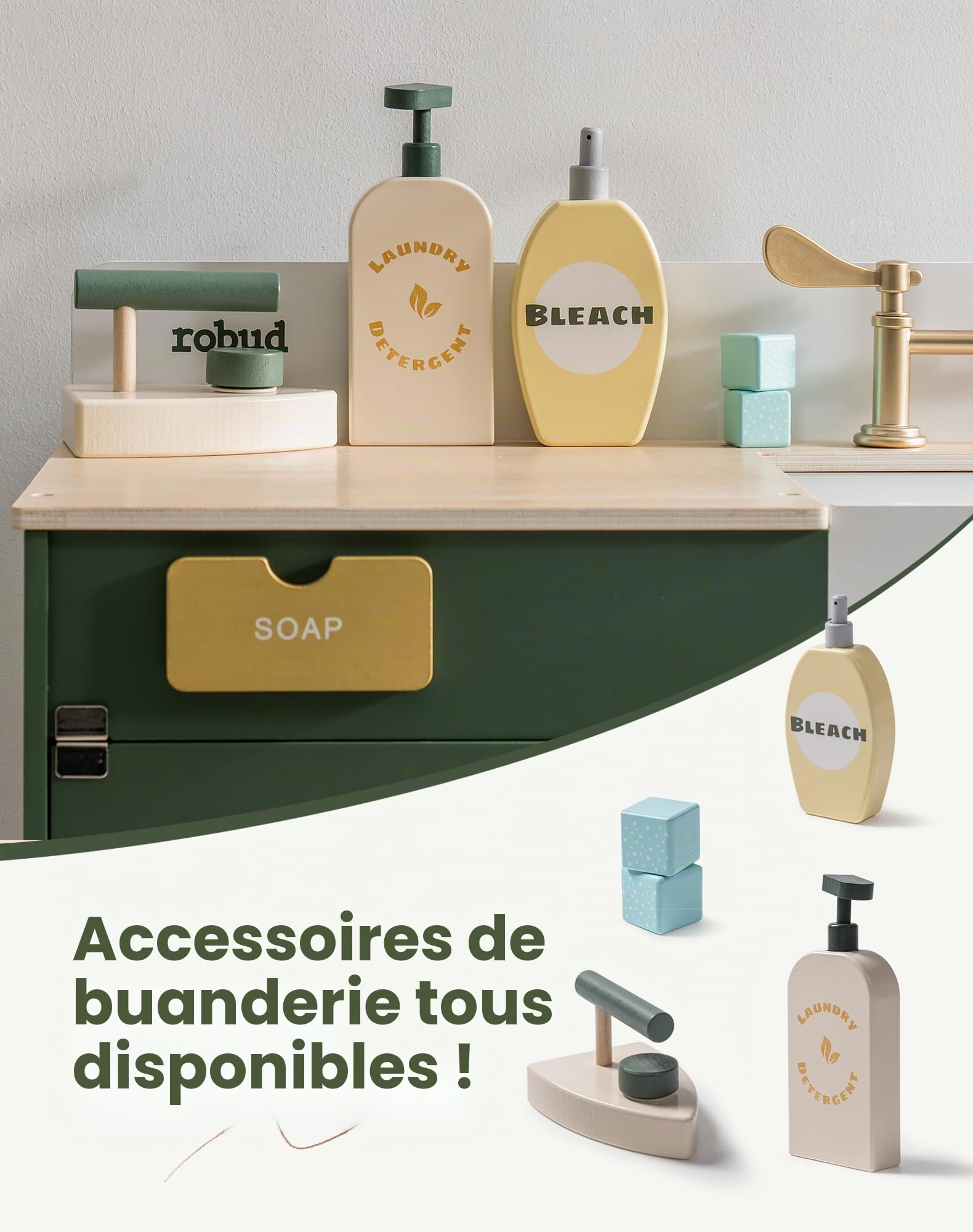 Robud Cuisine Enfant en Bois Accessoires - Machine a Laver Enfant Jouet - De Cuisine pour Enfants - Jeu De Rôle en Bois - avec Accessoires - Cadeau pour Enfants