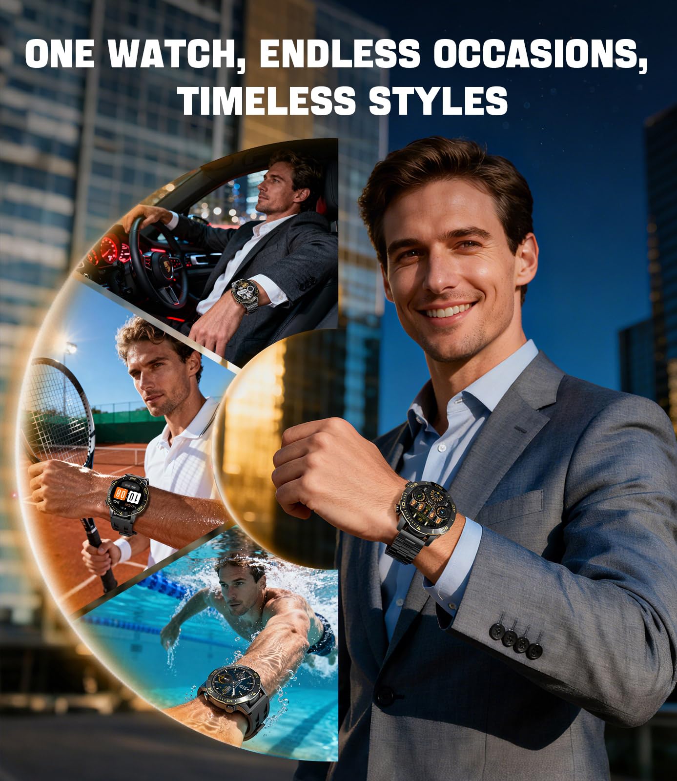 LIGE Montre Connectée Homme, 1.43" AMOLED Smartwatch avec 24/7 Fréquence Cardiaque, SpO2, Durée du Sommeil pour Android/iOS, Étanchéité IP68, 170+ Sports, 300+ Cadran, Boîtier Noir à Index Doré