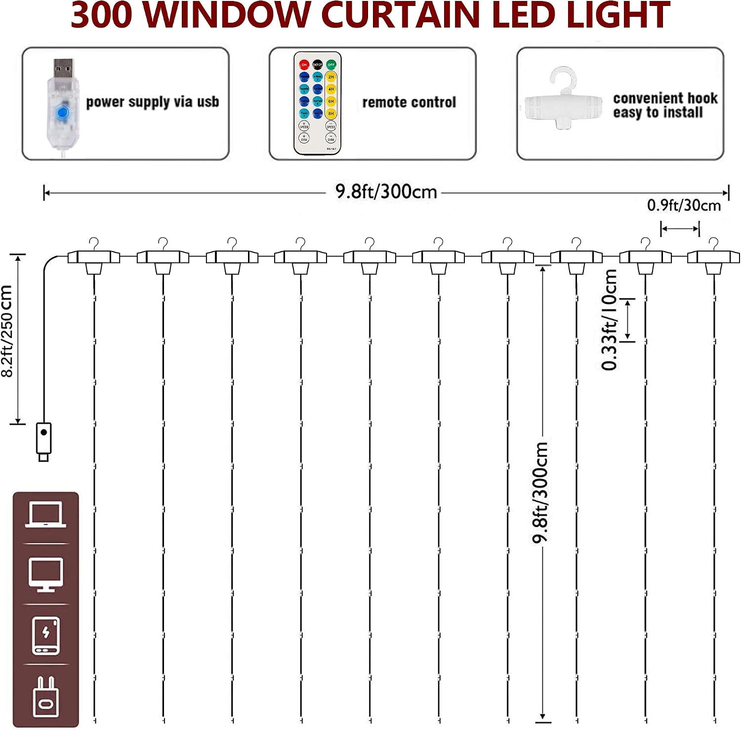 HOME LIGHTING Window Curtain String Lights, 300 LED 8 Lighting Modes Fairy Copper Light with Remote, USB Powered for Christmas Party Wedding Home Decorations (Warm White)