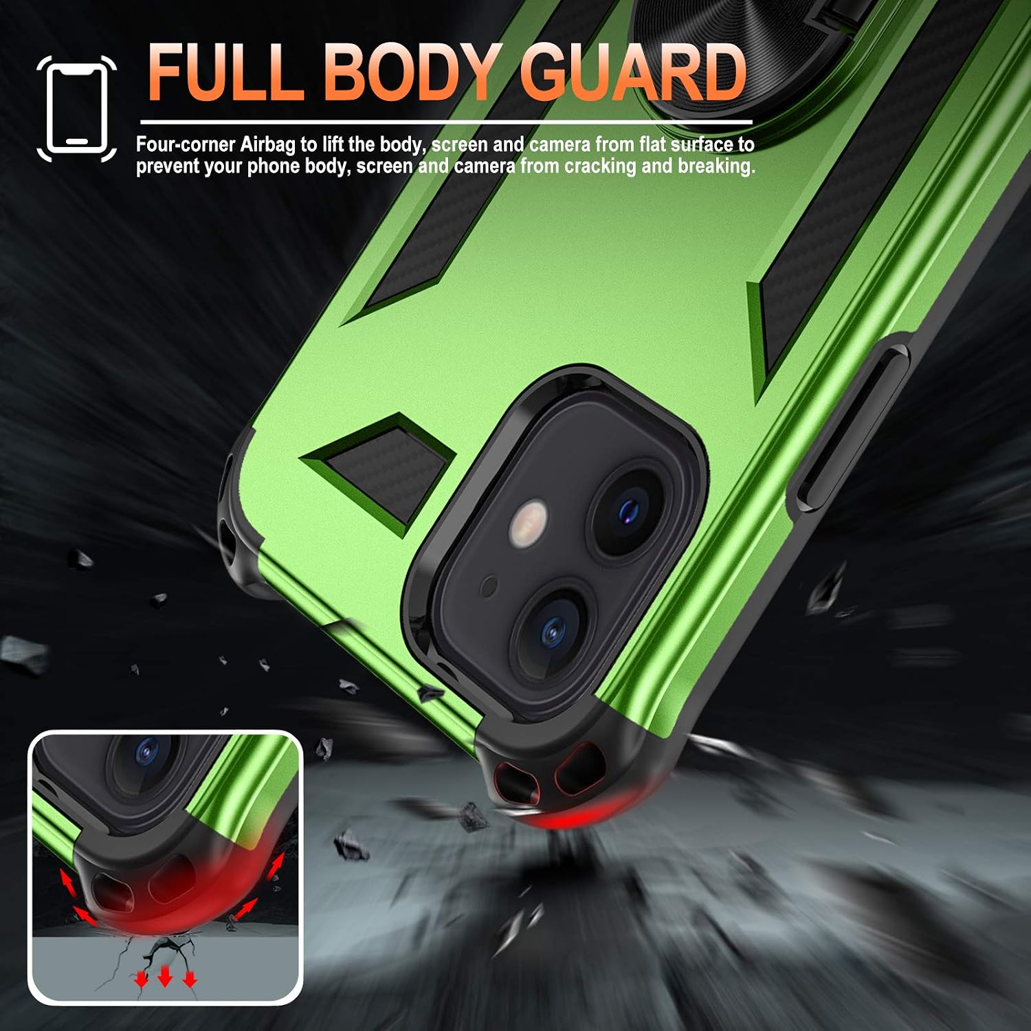 Mastten Case Compatible with iPhone 12/12 Pro Case 6.1" 2020, 2-in-1 Layer Shock-Absorption Protective Case with Magnetic Car Mount Ring Kickstand, Bright Green