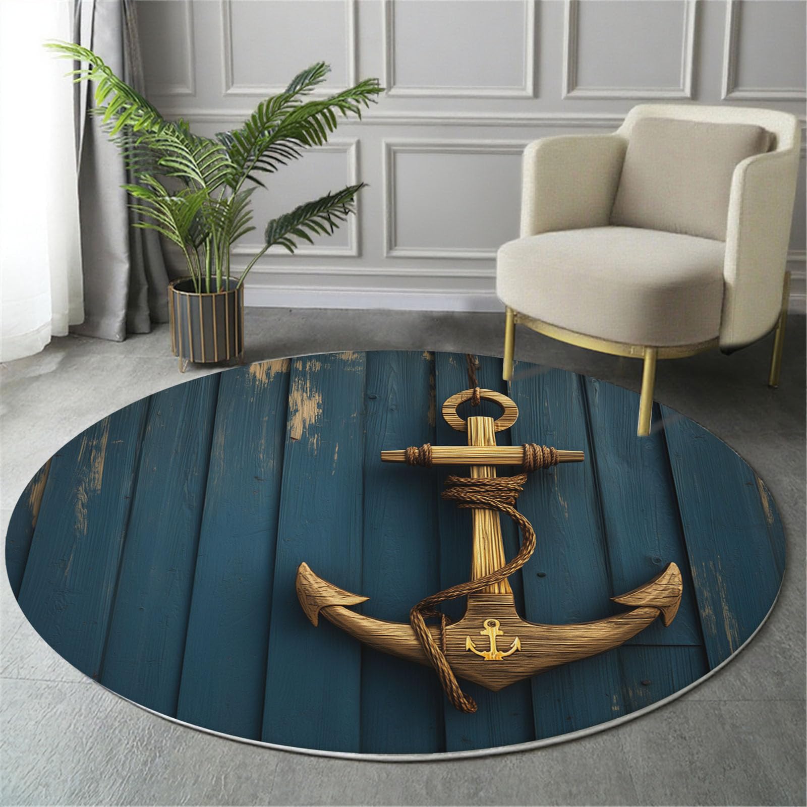 Tapis rond 200cm bleu marine motif ancre en bois lavable