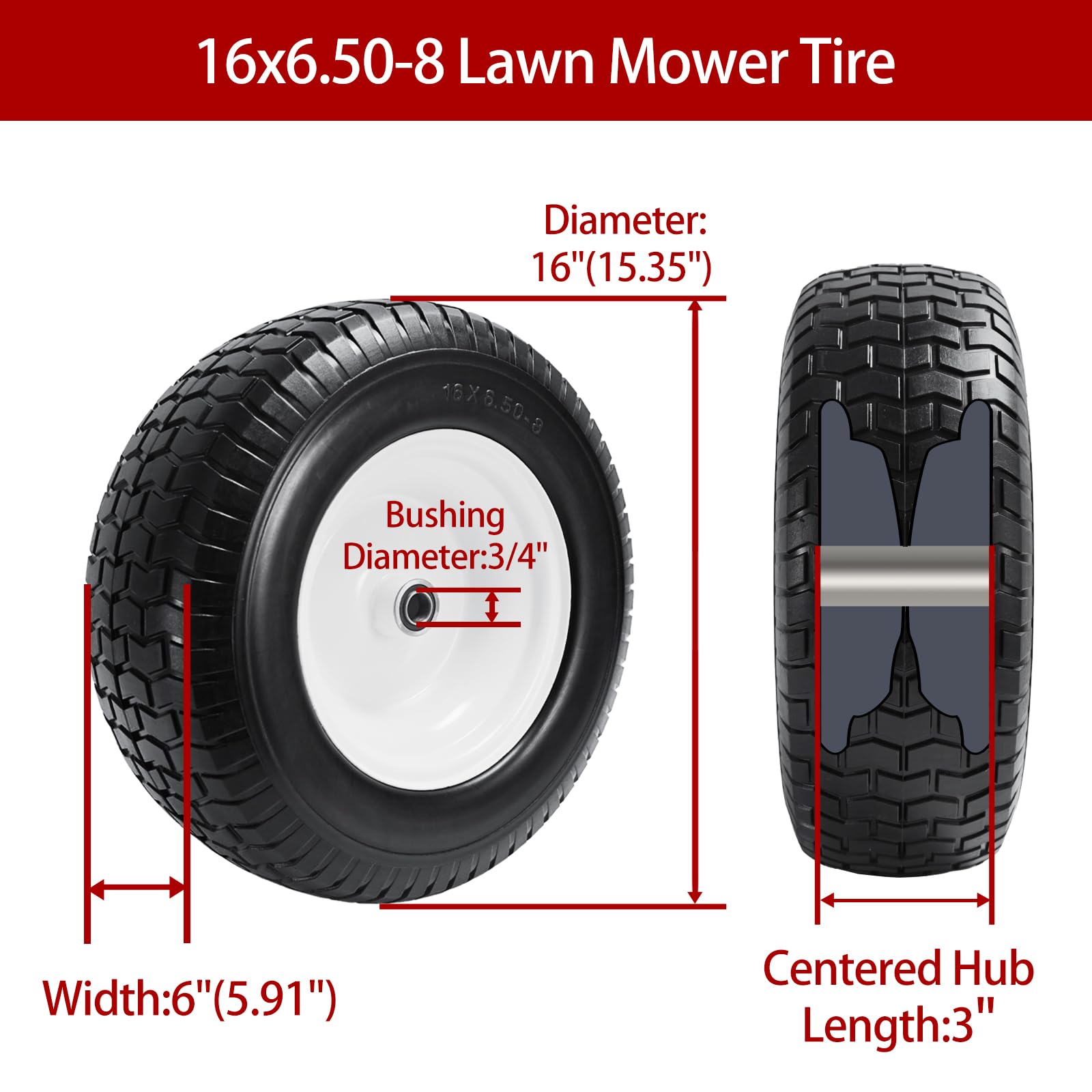 Paquete de 2 neumáticos y ruedas para cortacésped de 16 x 6.50-8 pulgadas sin planos para tractor de jardín, cortacésped con rodamiento de 3/4 y 5/8 pulgadas, buje centrado de 3 a 4.5 pulgadas