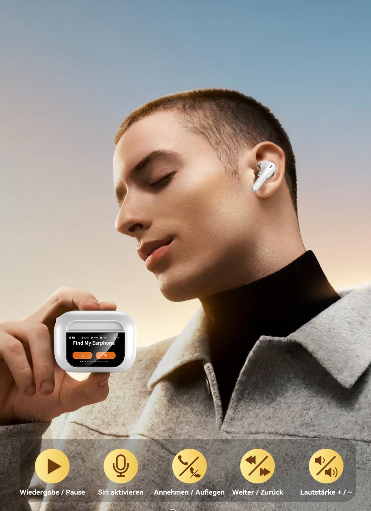 ZZU Kopfhörer Kabellose Bluetooth mit Smart Touchscreen, 48 Std. Laufzeit, Bluetooth 5.4 In-Ear Ohrhörer mit ANC & ENC Geräuschunterdrückung, 5 EQ-Modi, HiFi Stereo, IPX7 Wasserdicht Lachs