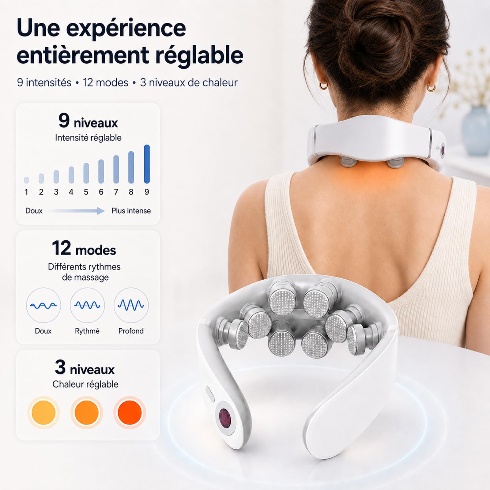 Masseur cervical 1800mAh 8 têtes de massage Conception ergonomique Massage multimodal Détendre les muscles du cou Blanc