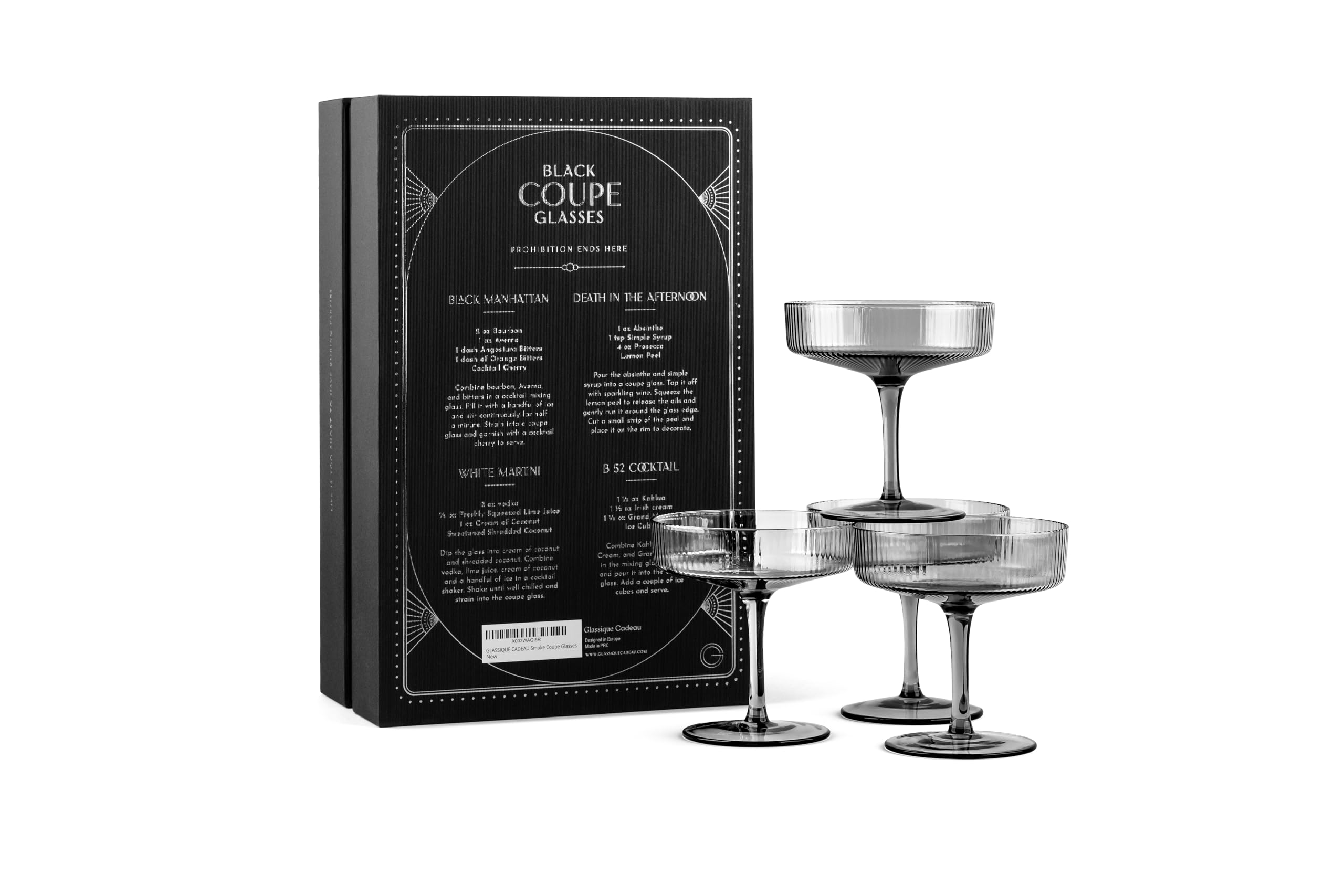 GLASSIQUE CADEAU Vintage Art Deco Schwarze Gerippte Coupe Gläser | 4er Set | 200 ml Rauchige Cocktailgläser für Champagner, Espresso Martini, Daiquiri | Kristall Rauchgrau Champagnerschalen