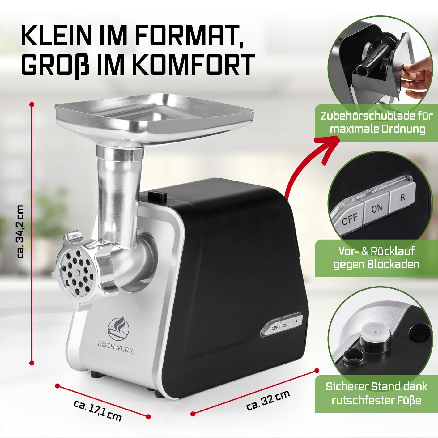 KOCHWERK elektrischer Fleischwolf mit verschiedenen Aufsätzen | verarbeitet bis zu 2000g/min | Hackfleisch, Kibbeh, Churros, Wurst & mehr auf Knopfdruck | leichte Bedienung und Reinigung [1600W]