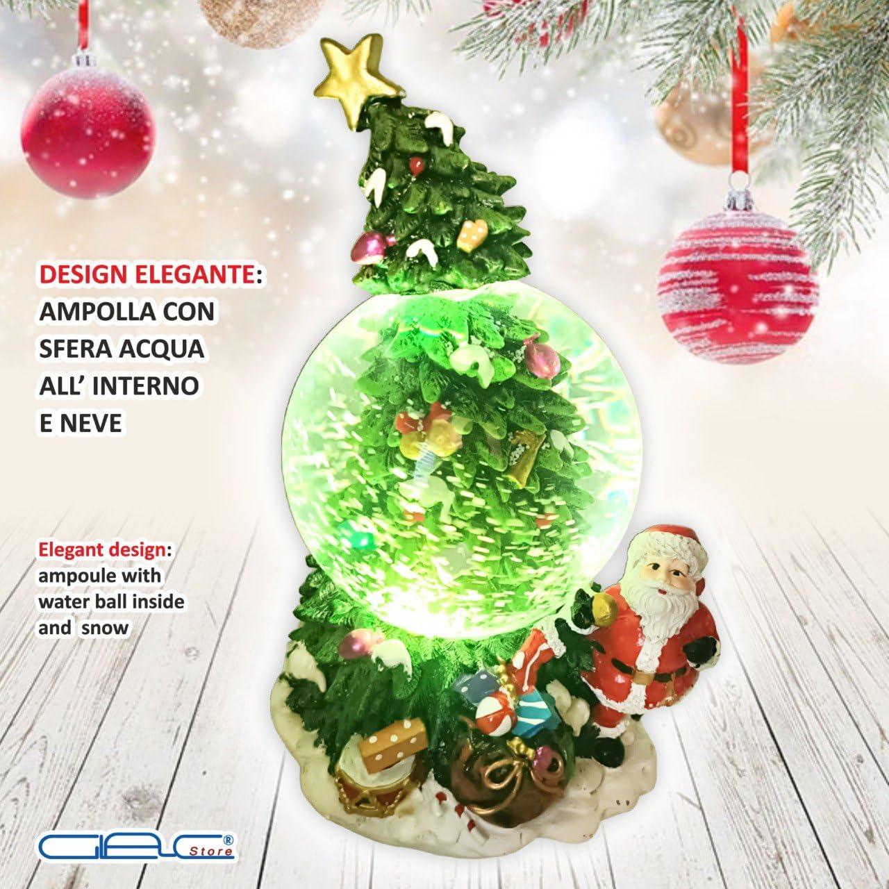 Sfera di Neve Natalizia con Albero e Babbo Natale, 20x12 cm, Ampolla in Vetro con Effetti Sonori, Decorazione Festiva