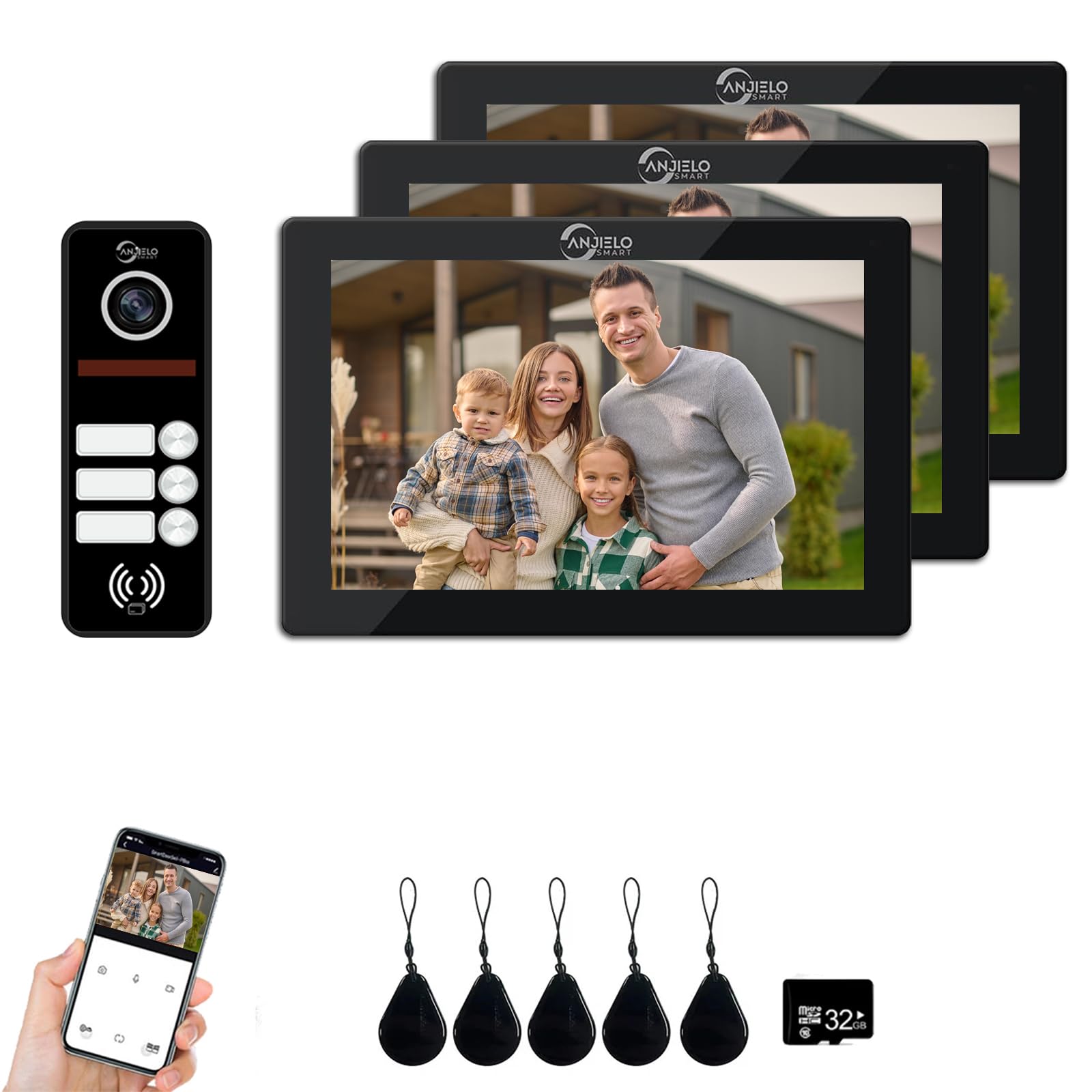 Interphone vidéo 1080p (filaire), sonnette 3 familles, écran tactile 7", support de déverrouillage, interphone bidirectionnel, détection de mouvement (noir)