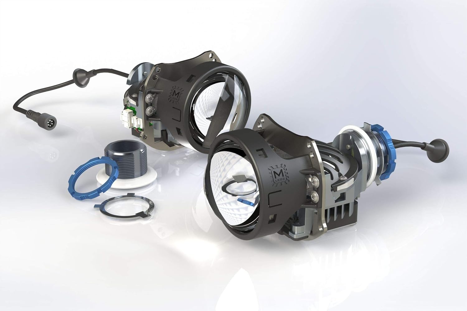 Disassembled components of the Morimoto M LED 2.0 Bi-LED Projector, including the lens, housing, and mounting hardware.