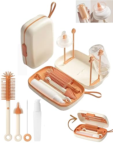 Kit limpiador de botellas de viaje, 7 en 1 extensible de silicona para botellas de viaje y estante de secado, pezón, popote y extractor de leche,