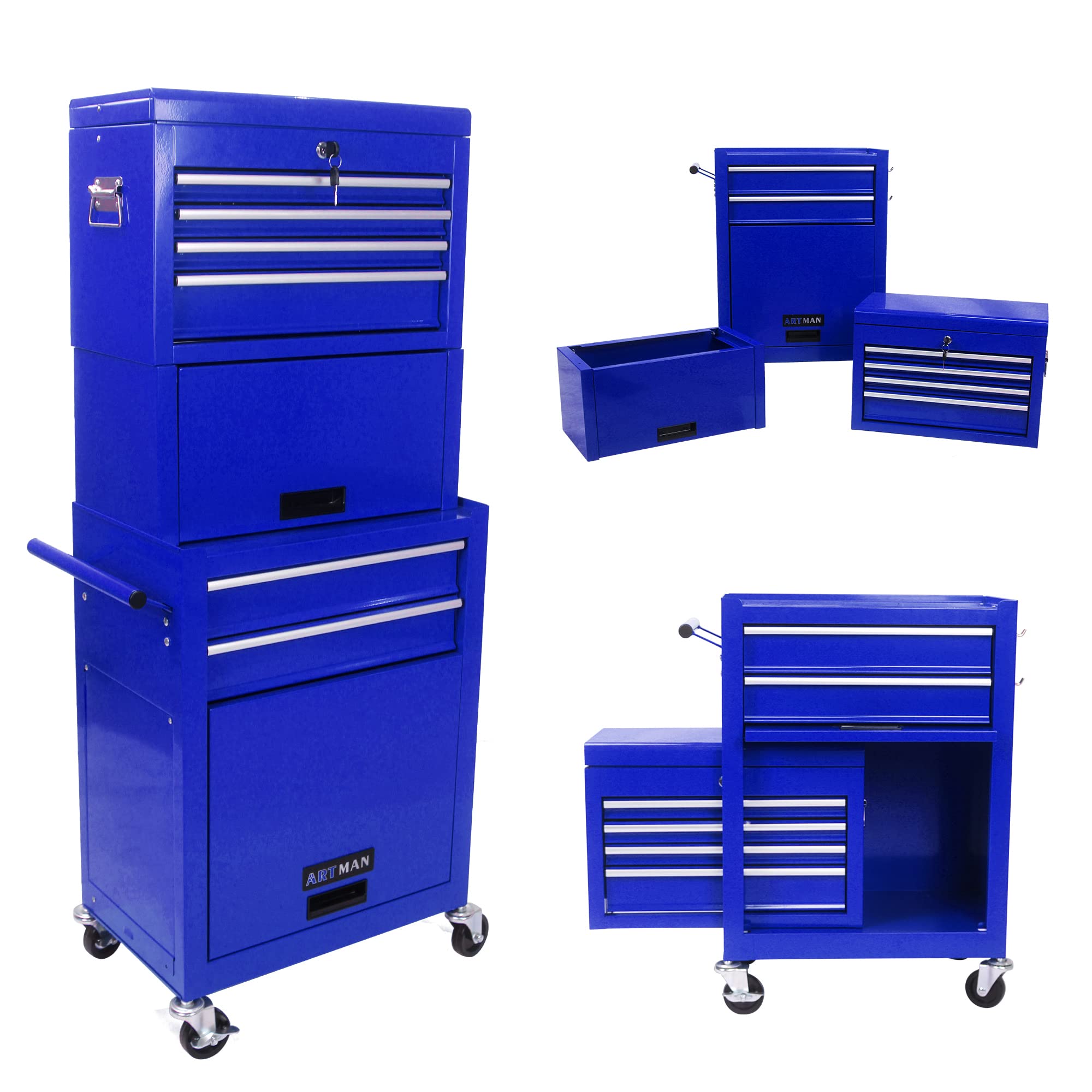 Generisch Carrello portautensili con 6 cassetti con contenitore arrotolabile bloccabile, 4 ruote universali (2 frenate) e pannello sospeso – organizzatore blu 2 in 1 per garage/officina