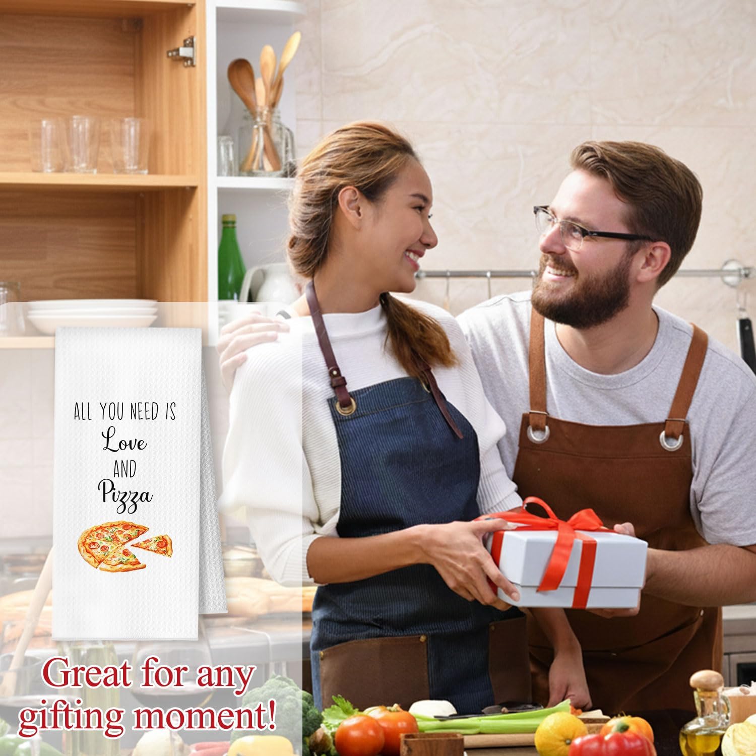 Funny Italian Pizza Kitchen Towels, Italian Food Lover Foodies Gifts Dish Tea Towels, All You Need is Love and Pizza Decorative Hand Towel for Kitchen, 16x24 Inch