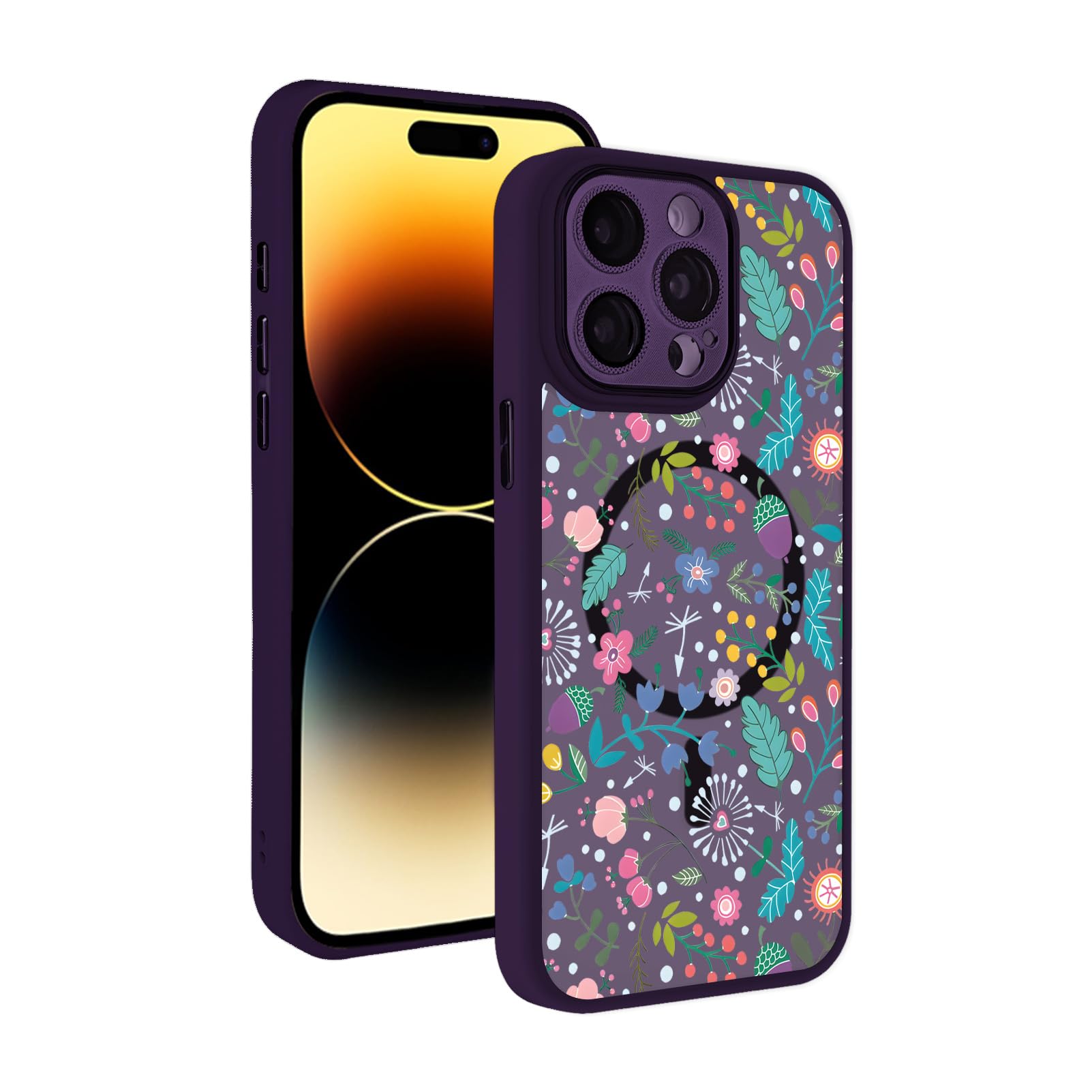 Magnetic Case for iPhone 14 Pro Max [Compatible with MagSafe] Purple Flower Floral Pattern Case for Women Girls Soft TPU Bumper Hard PC Back Anti-Fall
