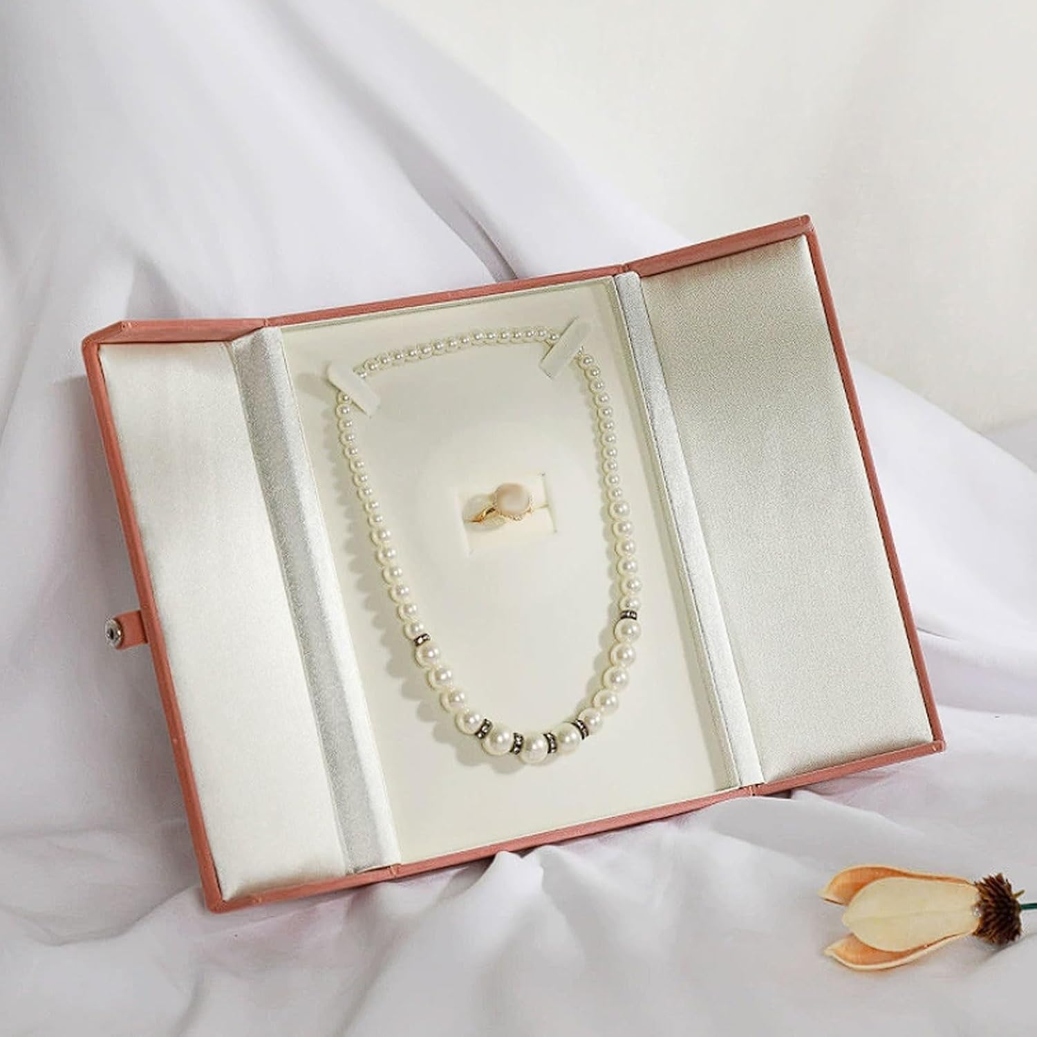 Double-Opening Jewelry Box, Luxury Velvet Lined Snap-Closure Case for Pearls, Jade Necklaces and Rings(Pink)