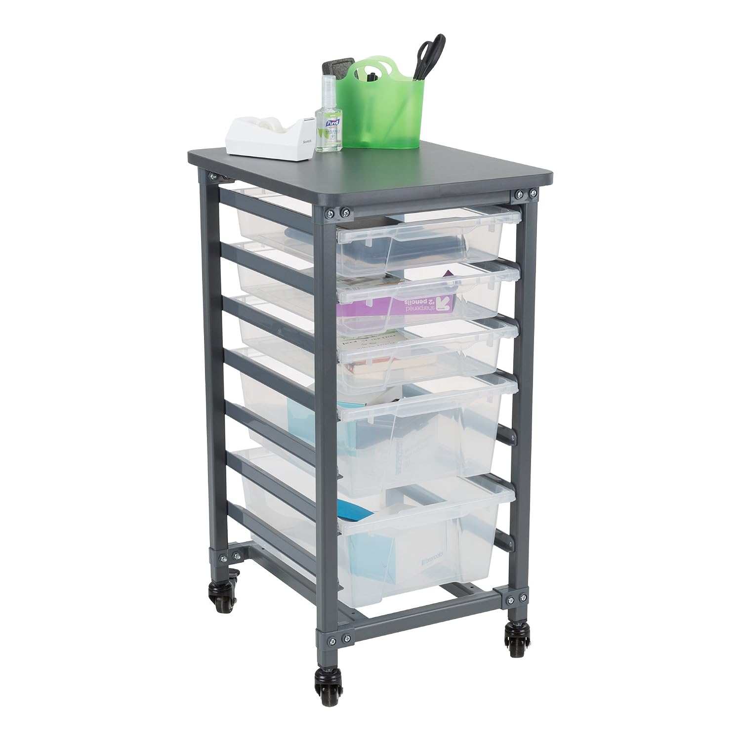 Learniture LNT-GNO1012-PKSL-SO Single-Wide Mobile Classroom Storage Cart, Powder Coat Finish/Clear Bins
