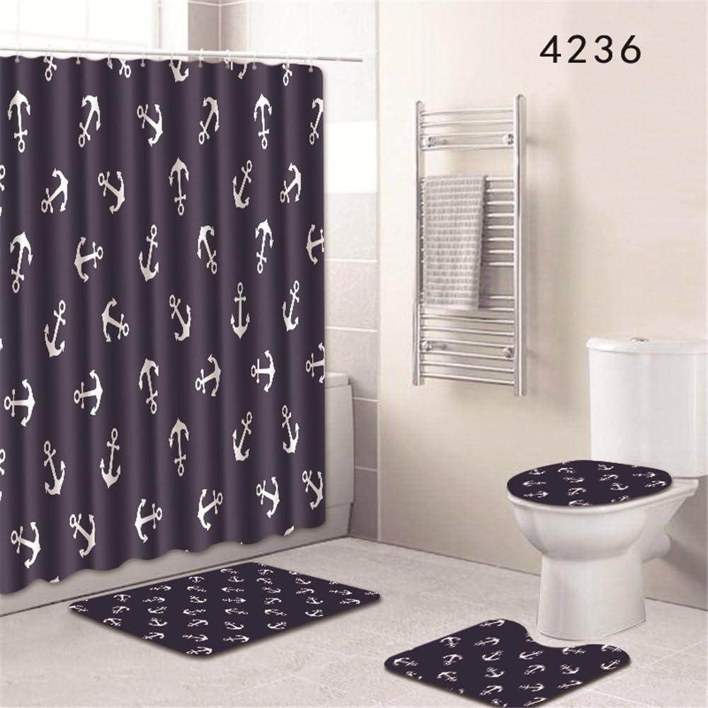 Oyeahbridal Set of 4 Beach Ocean Sea Theme Shower Curtain and Bath Mat Set,Navy Anchor Decor Waterproof Non-Slip Bathroom Curtain and Rug Set with Hooks(Multi 24)