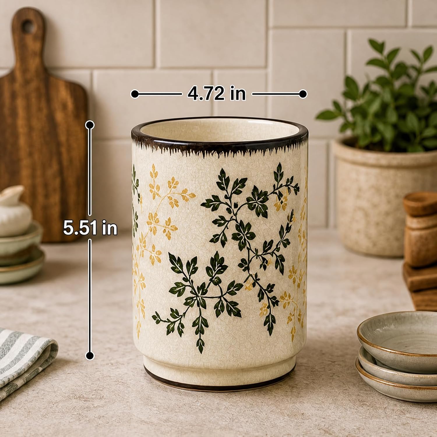 Vintage Rustic Crackle Glaze Ceramic Utensil Crock 4.72x5.51 Inch Countertop Storage Organizer For Spoons Whisks Spatulas Cutlery Farmhouse Dining Coffee Bar Apartment Kitchen Decor