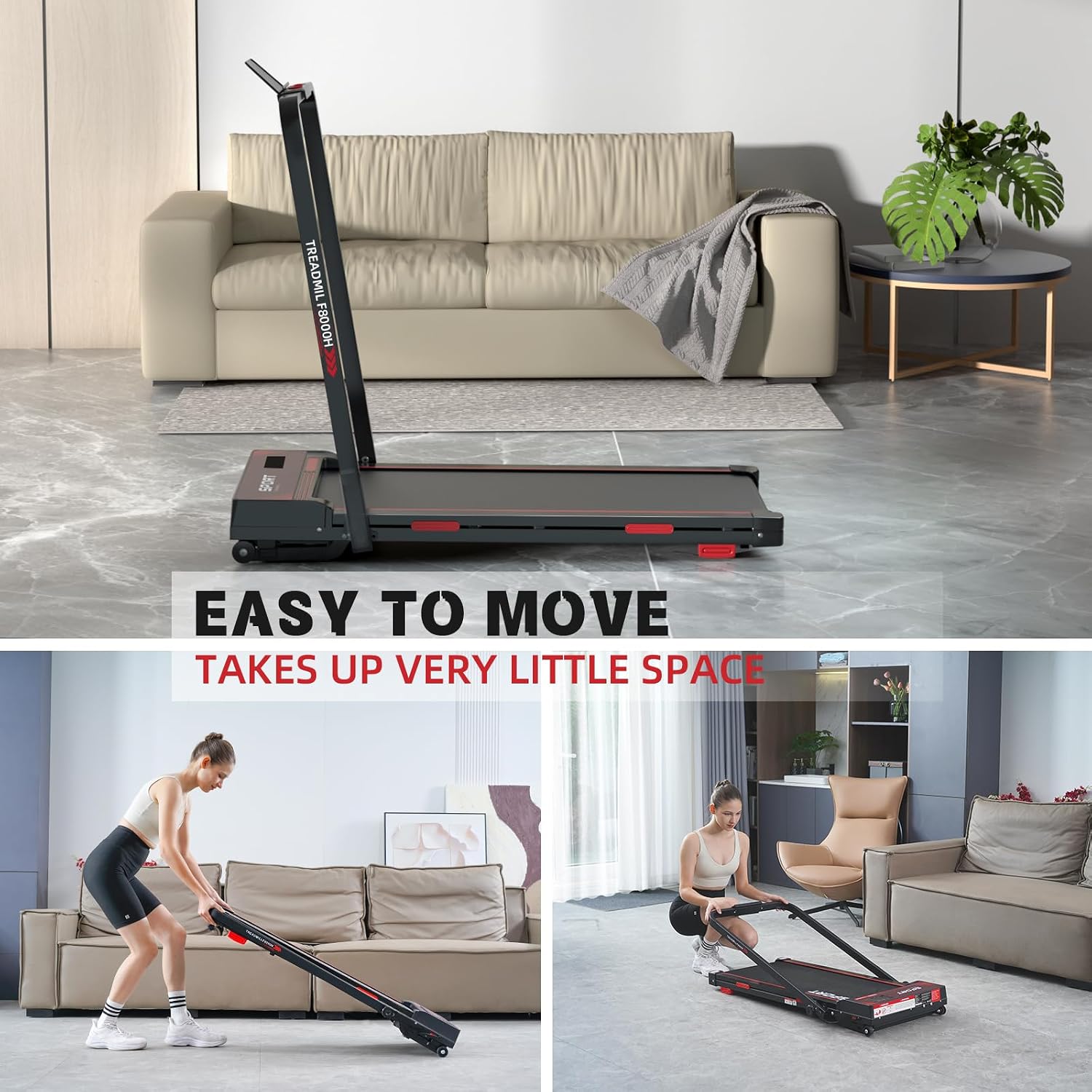 RAOO MIN F8000H Treadmill being folded and moved