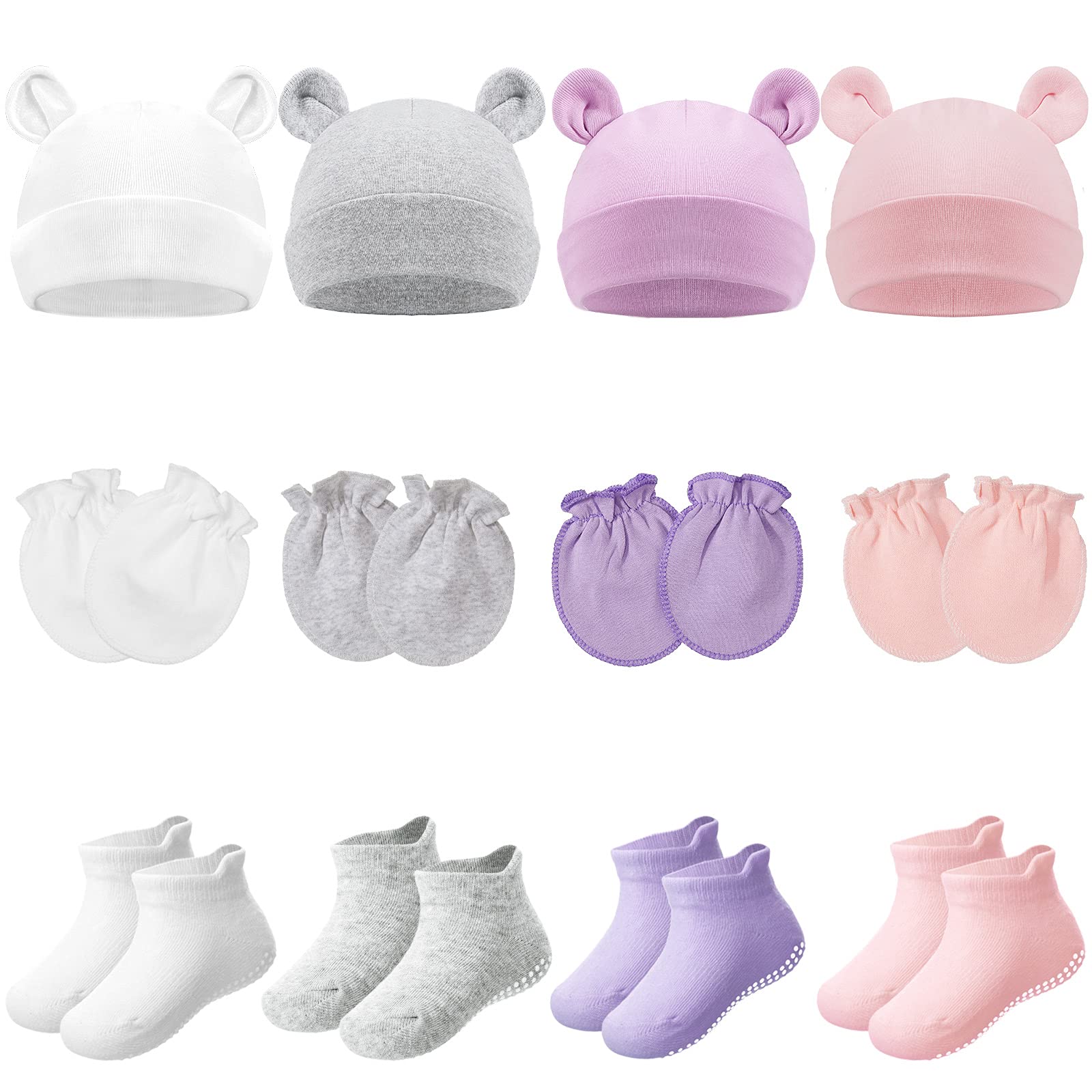 4 Sets Newborn Baby Hat and Mittens Toddler Beanie Cap Non Slip Socks for 0-6 Months