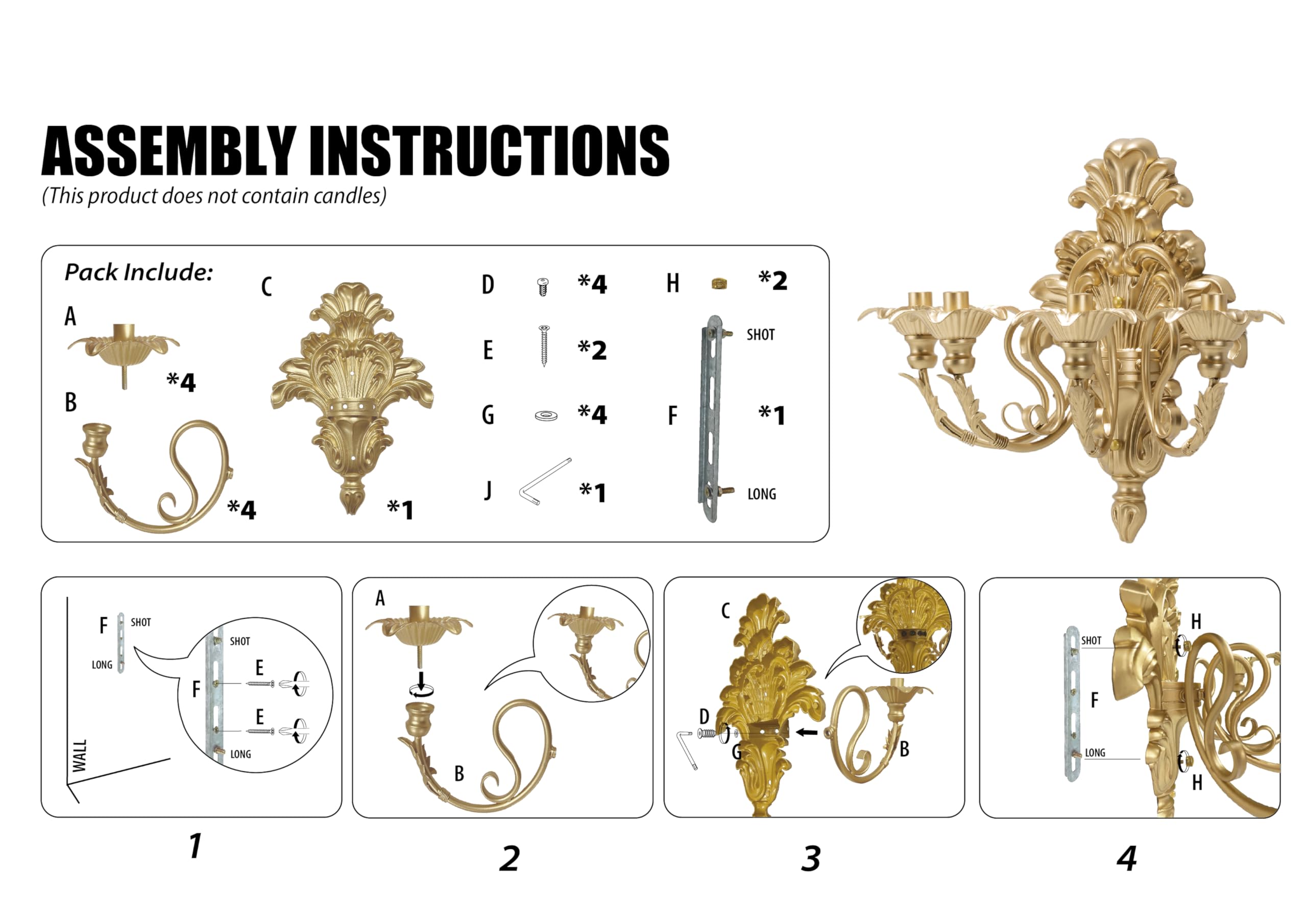 Römischer Brunnen-Wandleuchter, 4-Armiger Barock-Kronleuchter in Gold (antik), Wandmontierter Kerzenhalter für Kerzen, Viktorianisches Rokoko-Dekor für Kamin & Wohnzimmer (1 Stück)