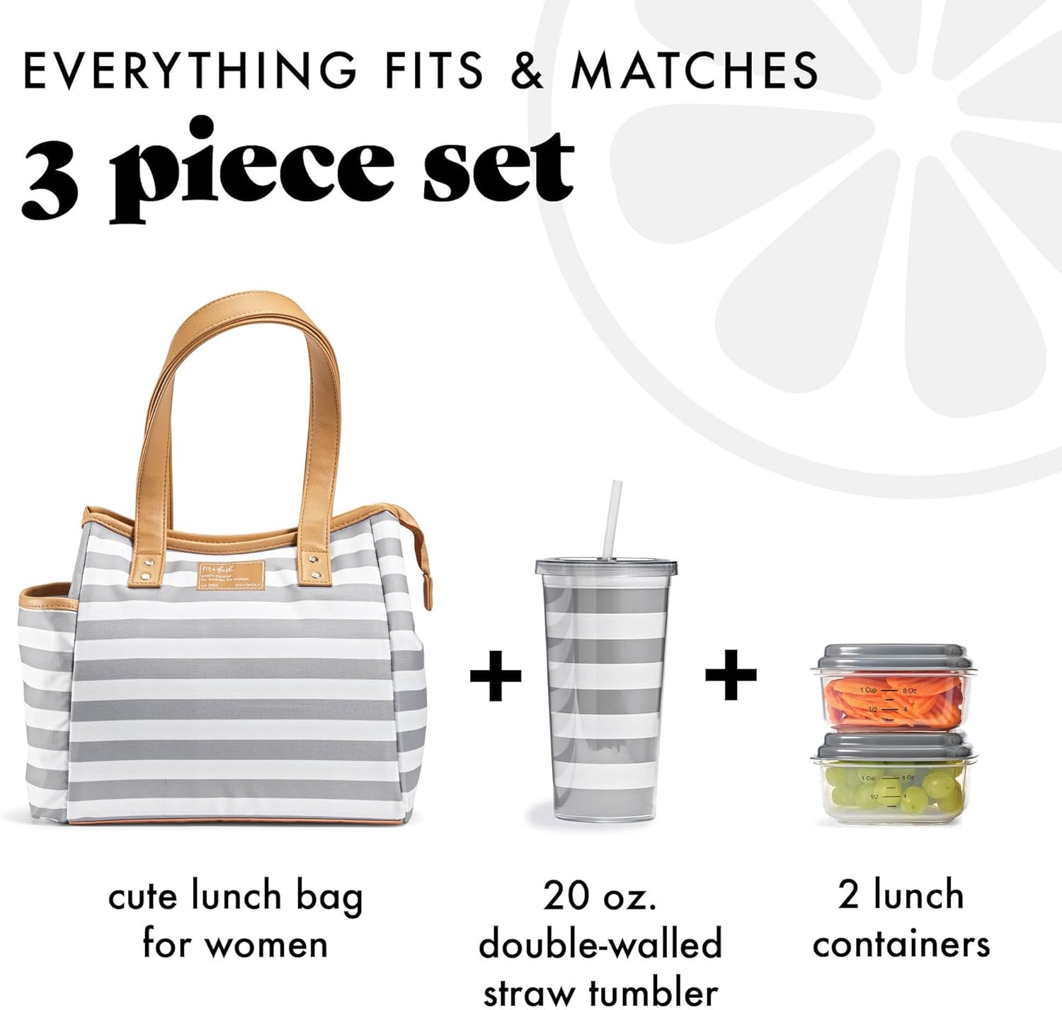 Fit & Fresh Lunch Bag For Women, Insulated Womens Lunch Bag For Work, Leakproof & Stain-Resistant Large Lunch Box For Women With Containers and Matching Tumbler, Zipper, Westerly Lunch Bag, Grey Strip - Image 2