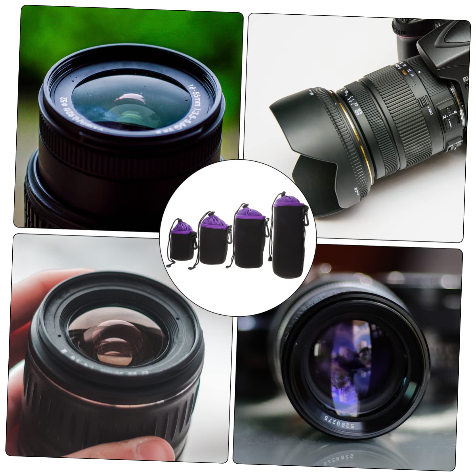 Housoutil 4Pcs Camera Lens Bags Drawstring Storage Pouches for Lens Protection Thick Velour Interior Compatible with Camera Lenses for Travel and Outdoor Activities