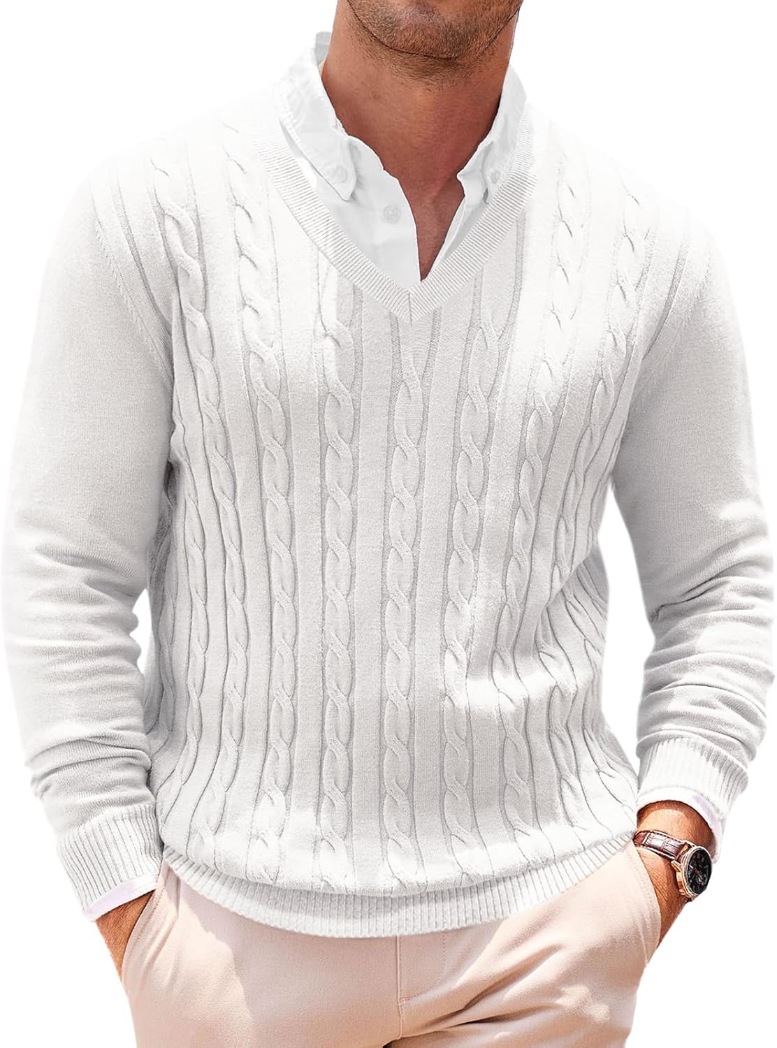 Runcati Mens V Neck Sweater Cable Knit Long Sleeve Casual Ribbed Twisted Pullover Sweaters