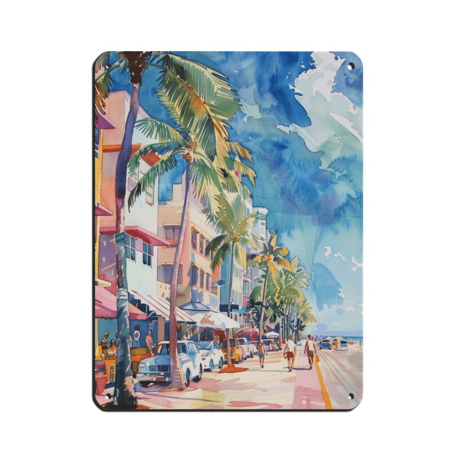 Miami South Beach Art Retro Poster Metal Tin Sign Chic Art Retro Iron Painting Bar People Cave Cafe Family Garage Poster Wall Decoration 12x16inch(30x40cm)